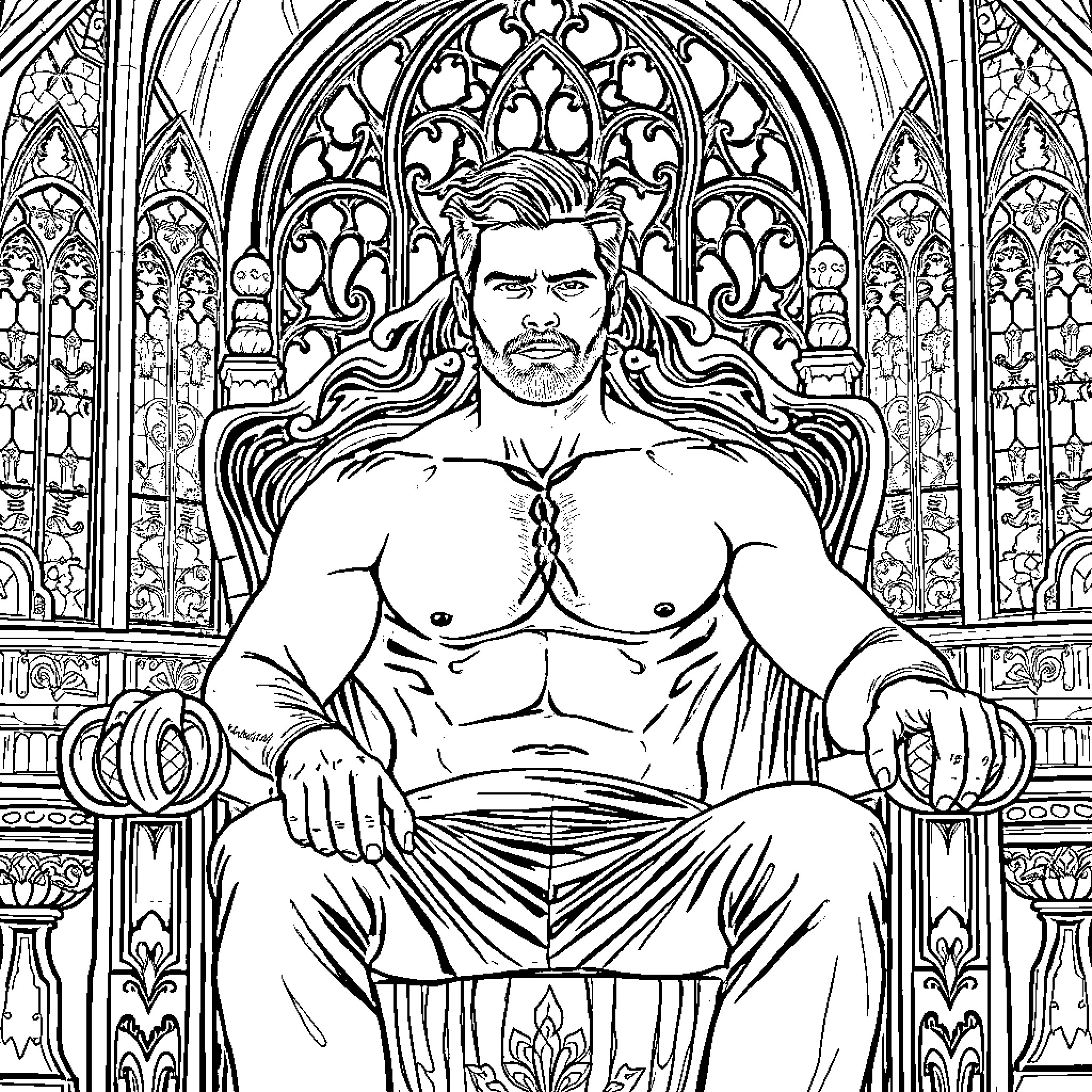 Henry Cavill as a Powerful Mythical Figure in Elaborate Surroundings Coloring Page (free black-and-white line drawing printable PDF for all, from beginners to advanced learners, including children, teens, adults, and seniors)