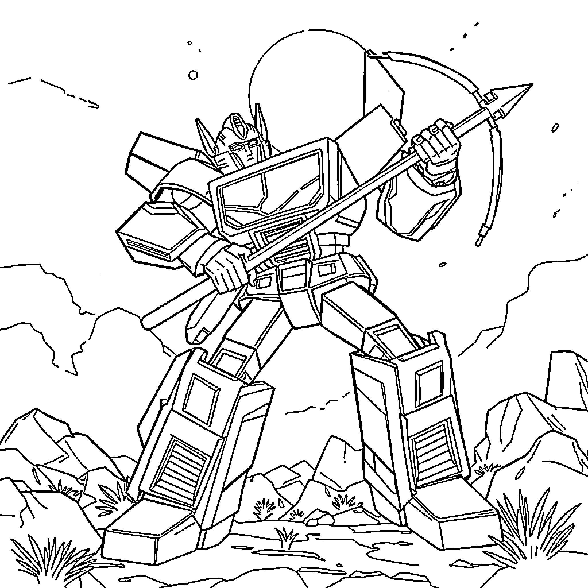 Transformer robot in action on alien landscape Coloring Page (free black-and-white line drawing printable PDF for all, from beginners to advanced learners, including children, teens, adults, and seniors)