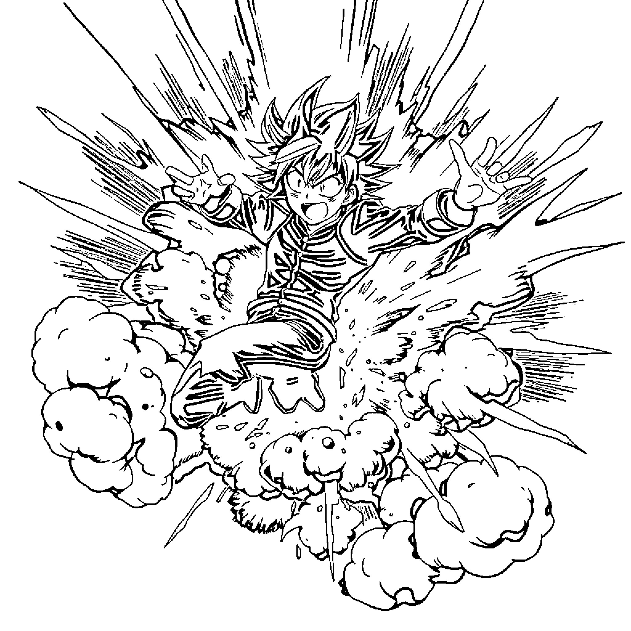 Katsuki Bakugo in an explosive combat pose Coloring Page (free black-and-white line drawing printable PDF for all, from beginners to advanced learners, including children, teens, adults, and seniors)