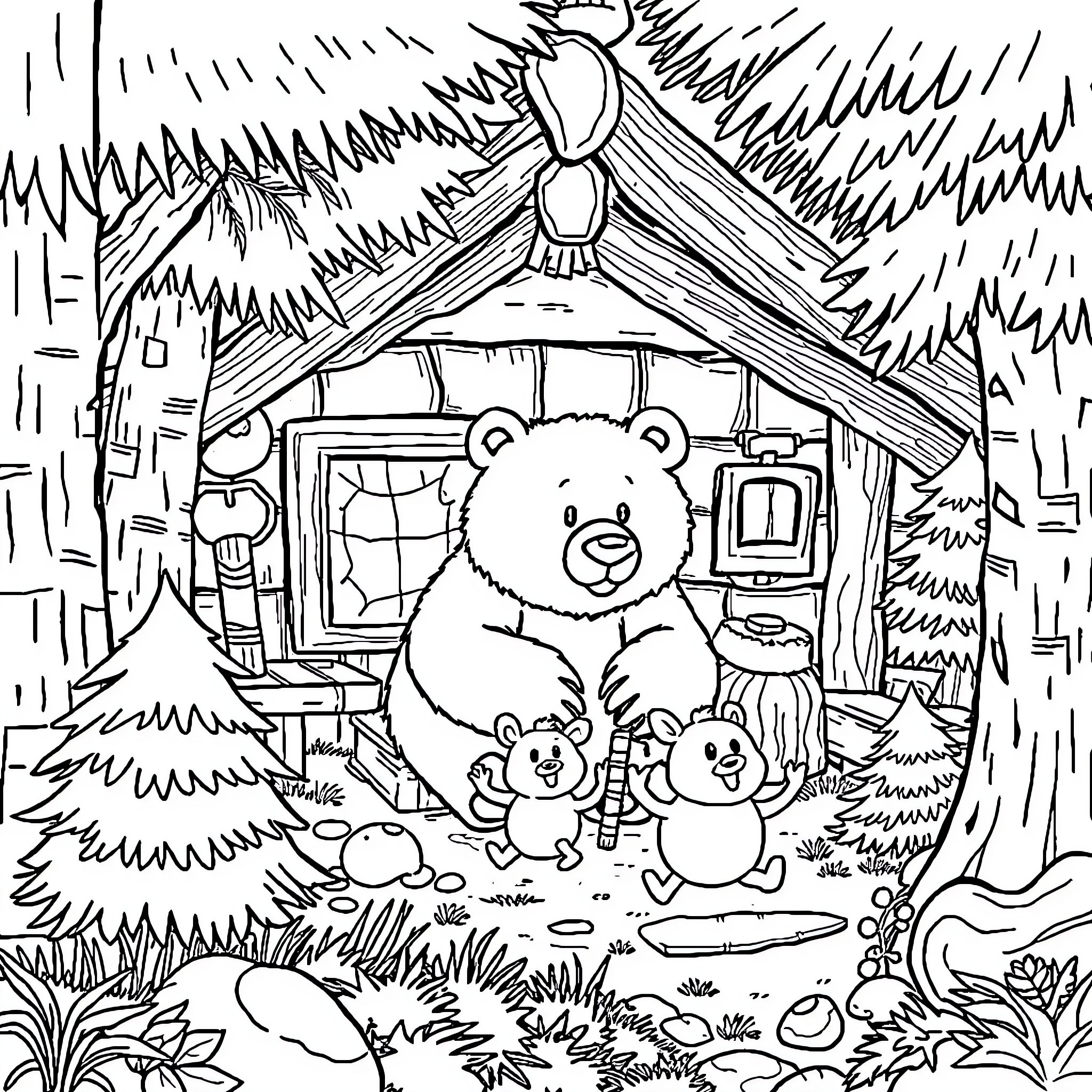 Grizzy's Cozy Cabin Retreat Coloring Page (free black-and-white line drawing printable PDF for all, from beginners to advanced learners, including children, teens, adults, and seniors)