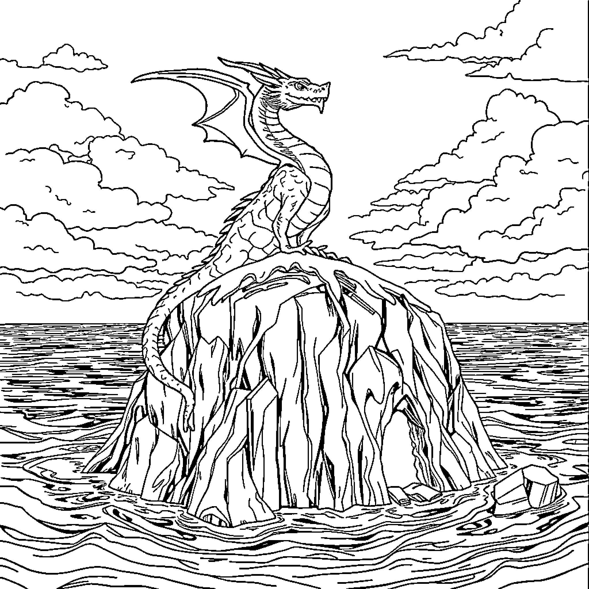 Dragon perched atop a rocky cliff overlooking the sea Coloring Page (free black-and-white line drawing printable PDF for all, from beginners to advanced learners, including children, teens, adults, and seniors)