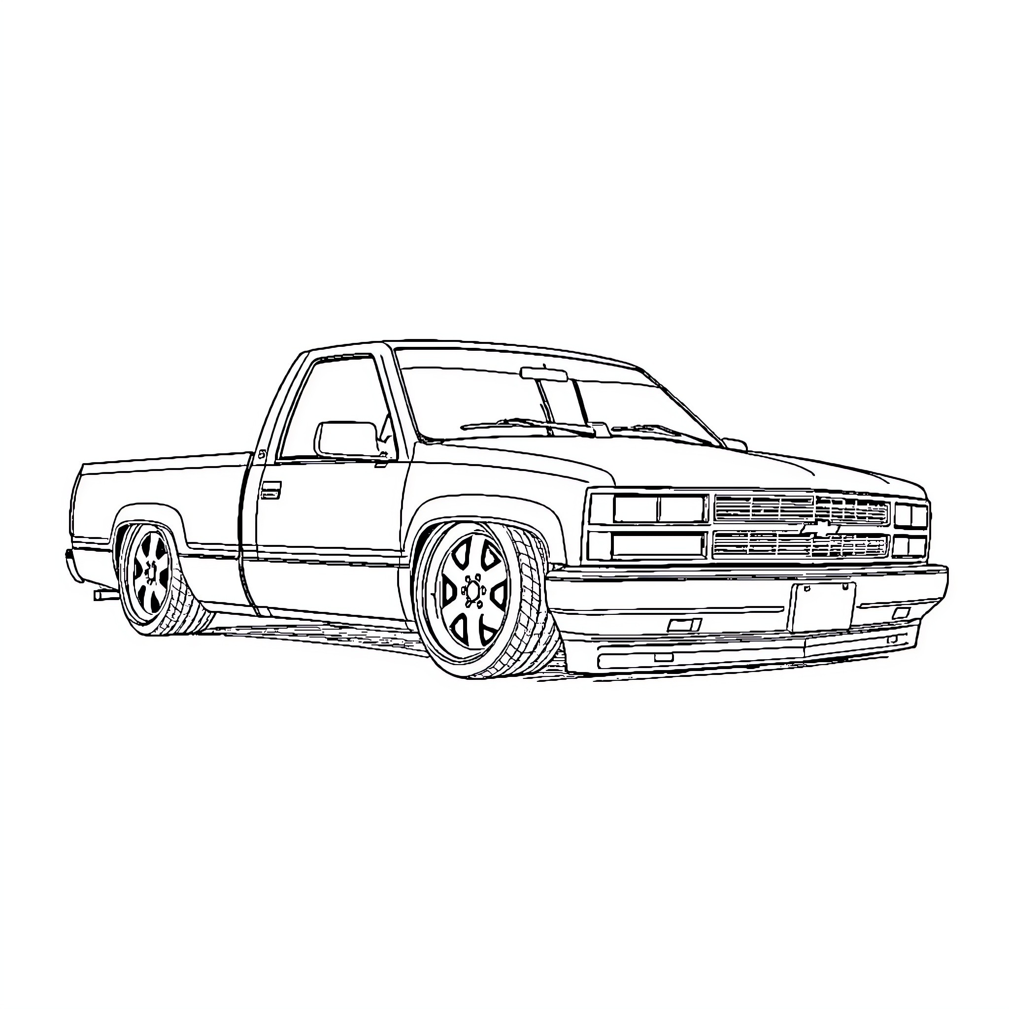 Chevy pickup truck with modified design Coloring Page (free black-and-white line drawing printable PDF for all, from beginners to advanced learners, including children, teens, adults, and seniors)