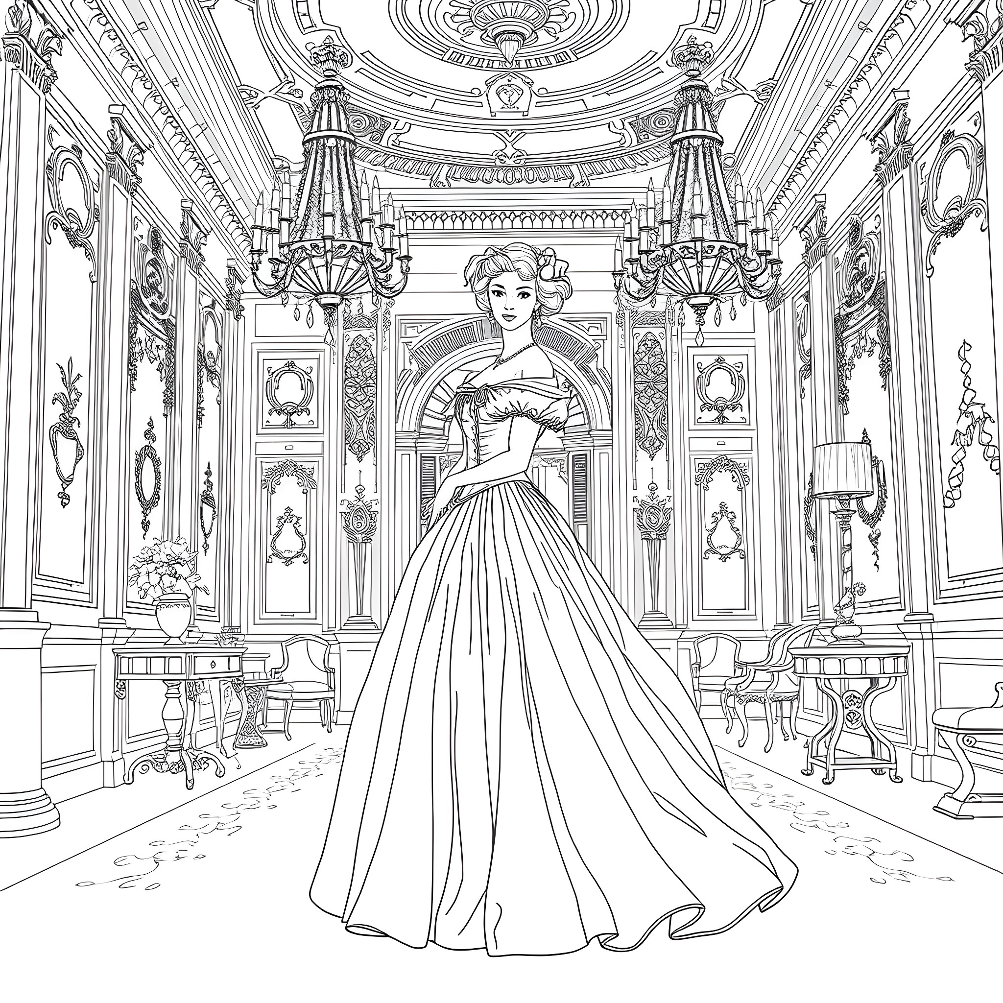 Noble Lady in Elegant Palace Interior Coloring Page (free black-and-white line drawing printable PDF for all, from beginners to advanced learners, including children, teens, adults, and seniors)