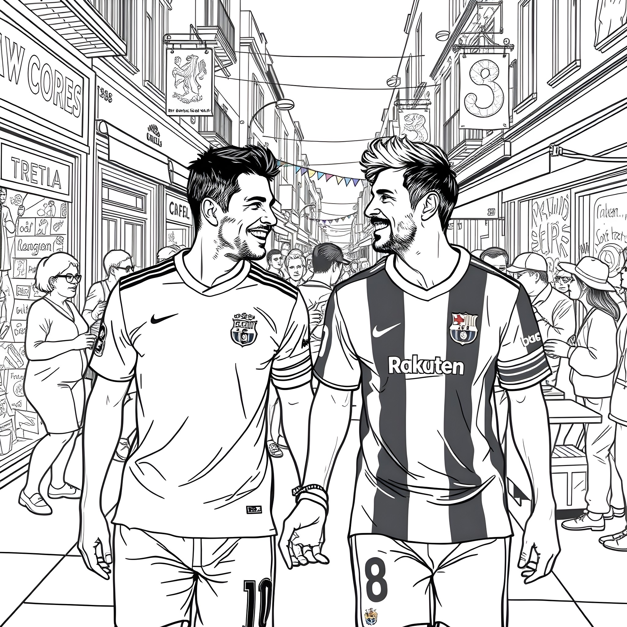 Ronaldo and teammate walking together in the city Coloring Page (free black-and-white line drawing printable PDF for all, from beginners to advanced learners, including children, teens, adults, and seniors)