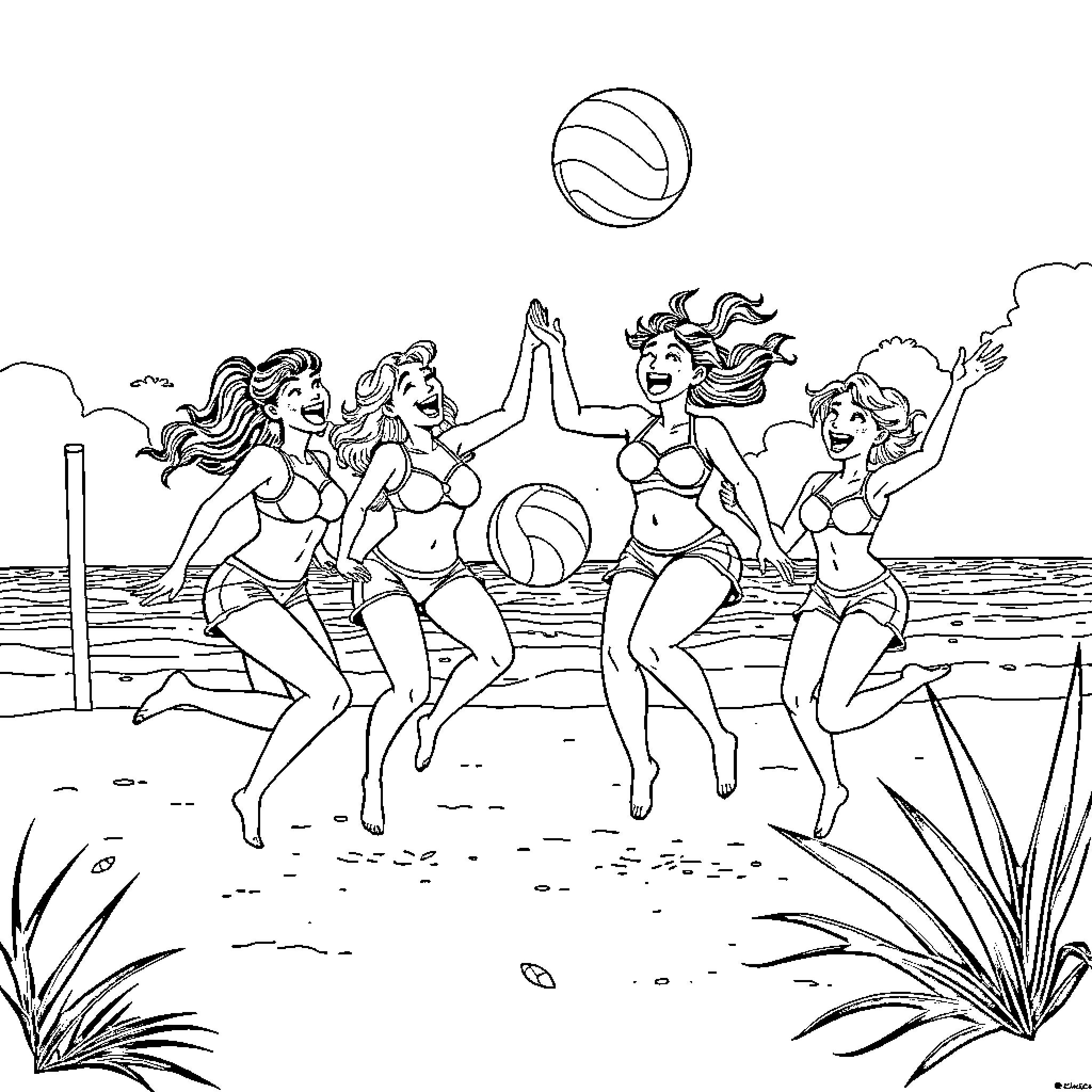 Girls playing volleyball on the beach Coloring Page (free black-and-white line drawing printable PDF for all, from beginners to advanced learners, including children, teens, adults, and seniors)