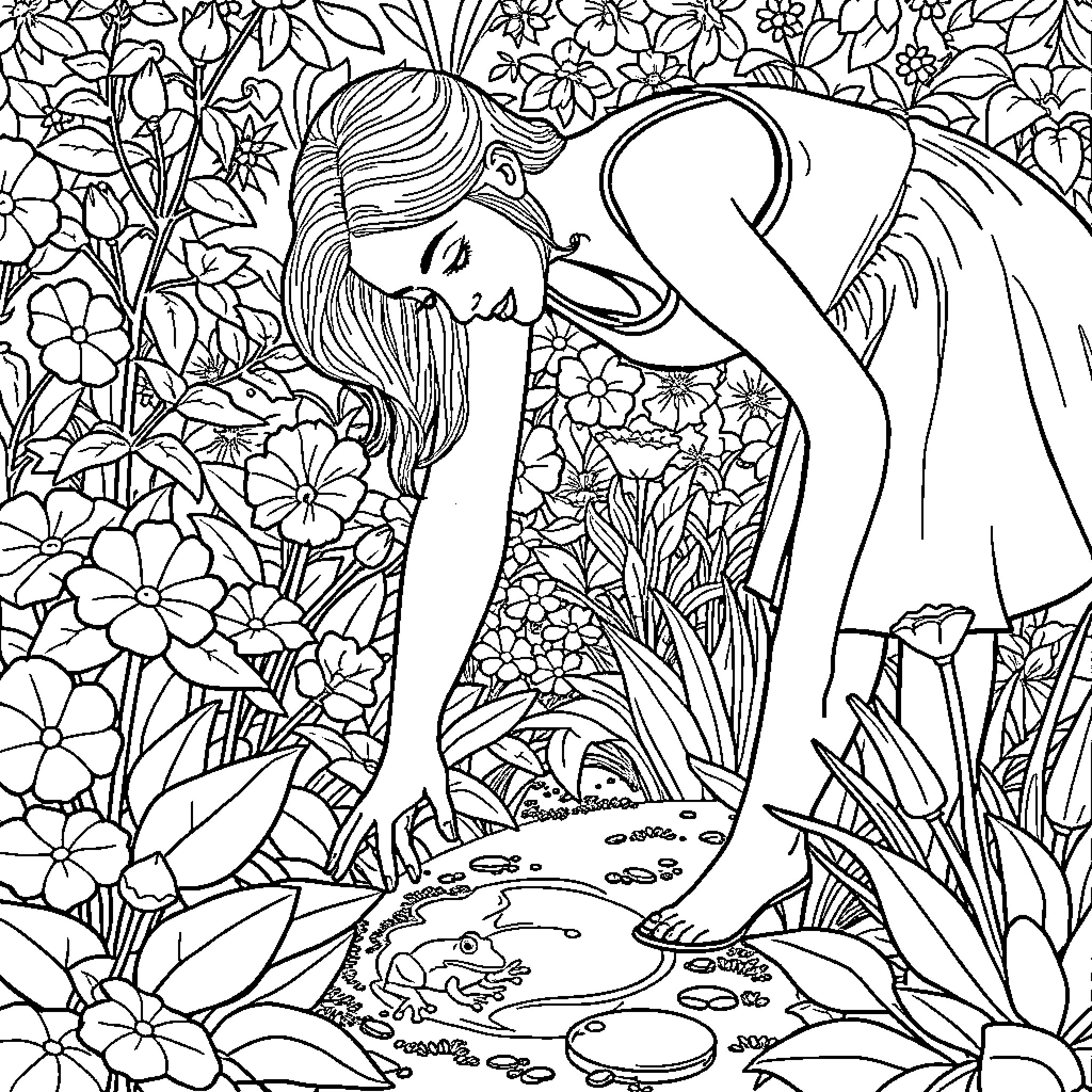 Lady in Serene Floral Garden Coloring Page (free black-and-white line drawing printable PDF for all, from beginners to advanced learners, including children, teens, adults, and seniors)