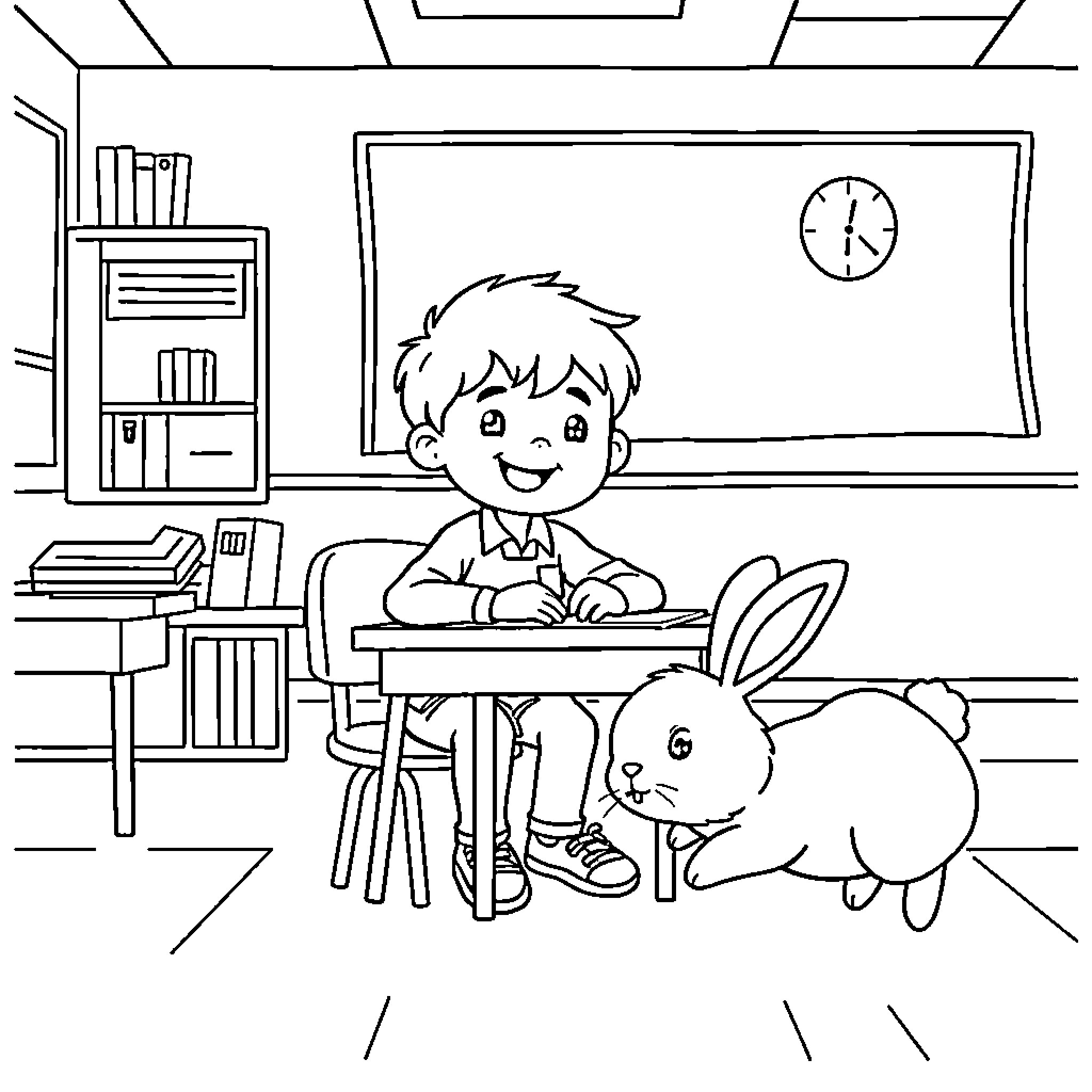 Kid studying diligently with a pet rabbit Coloring Page (free black-and-white line drawing printable PDF for all, from beginners to advanced learners, including children, teens, adults, and seniors)