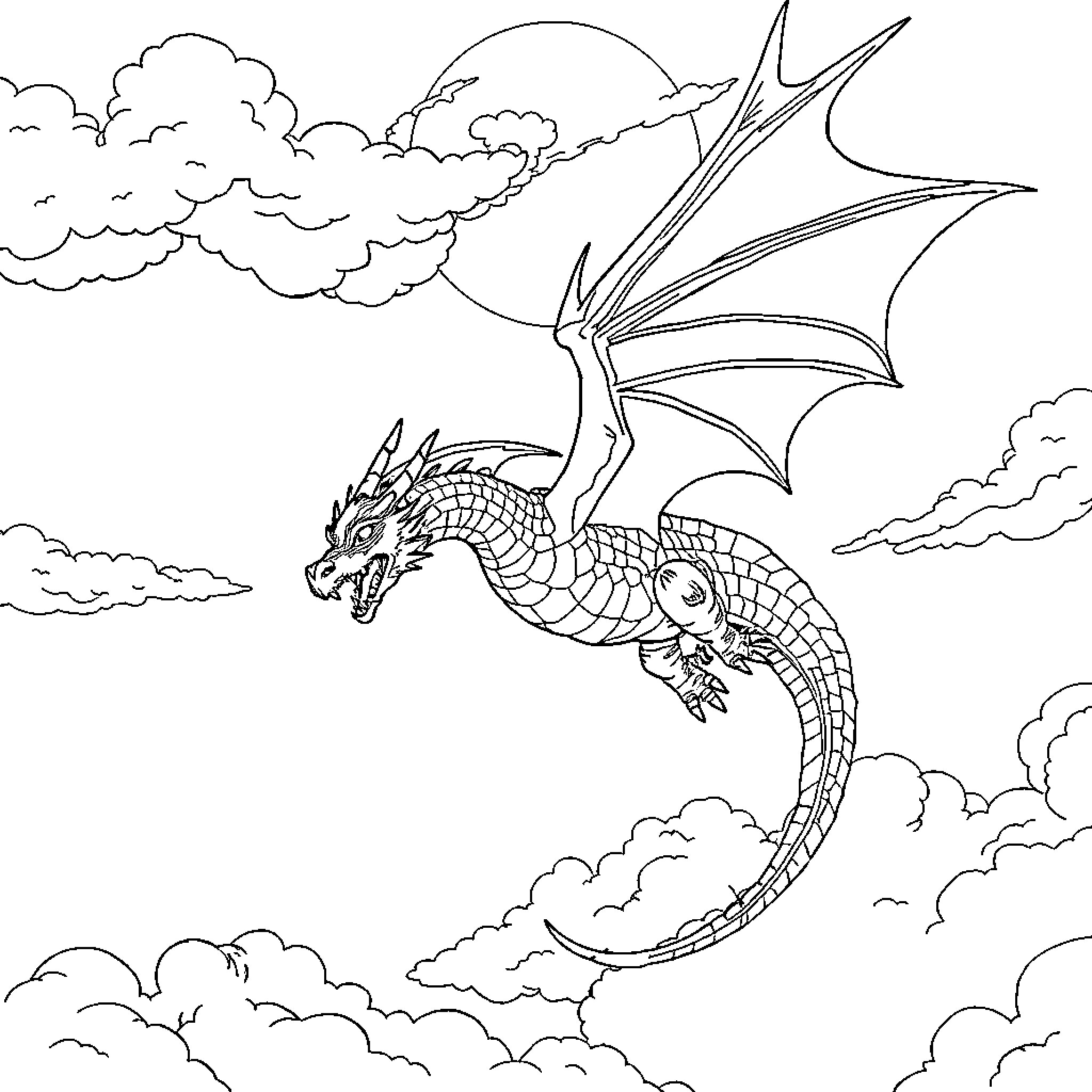 Dragon soaring through the cloudy sky Coloring Page (free black-and-white line drawing printable PDF for all, from beginners to advanced learners, including children, teens, adults, and seniors)
