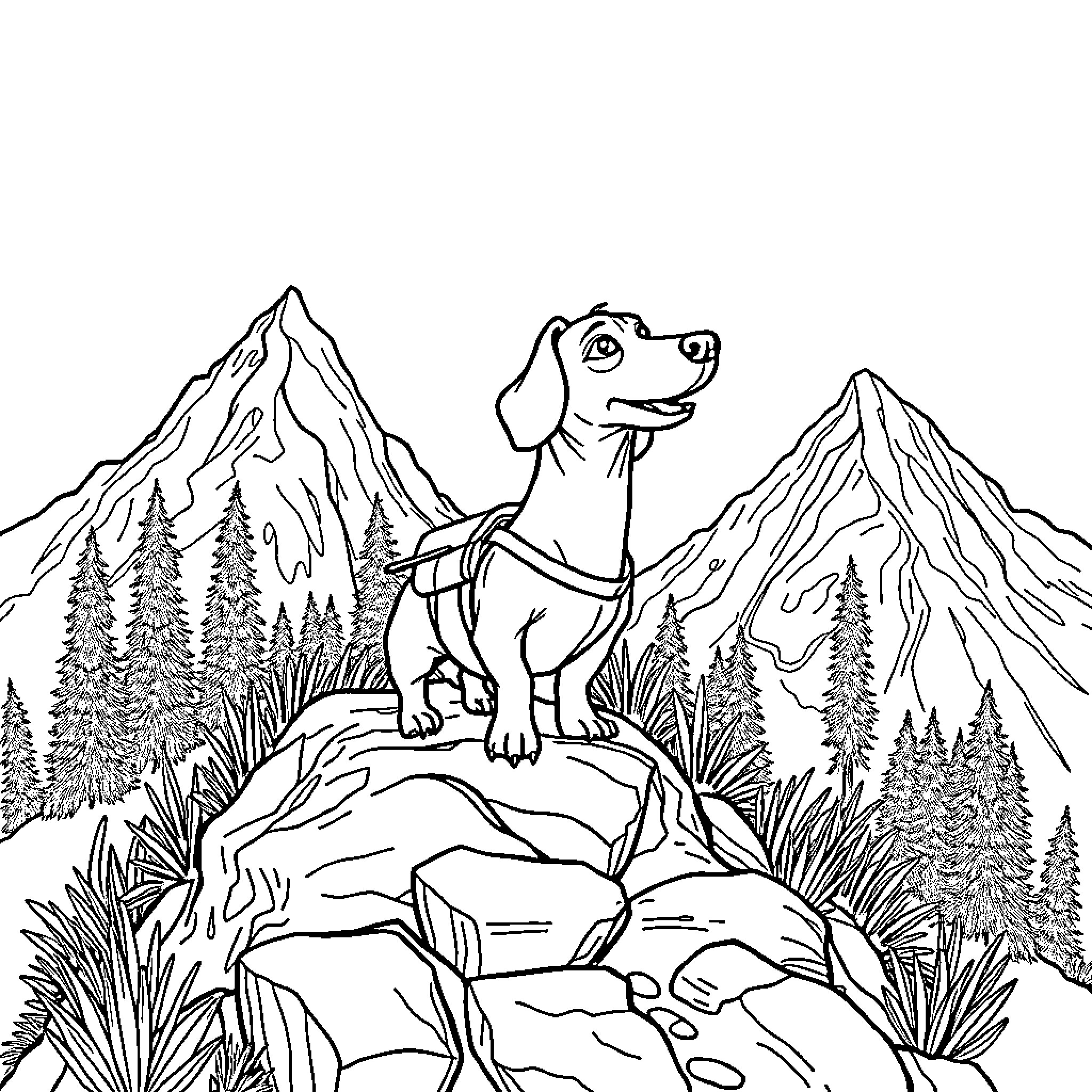 Dachshund exploring the mountain landscape Coloring Page (free black-and-white line drawing printable PDF for all, from beginners to advanced learners, including children, teens, adults, and seniors)