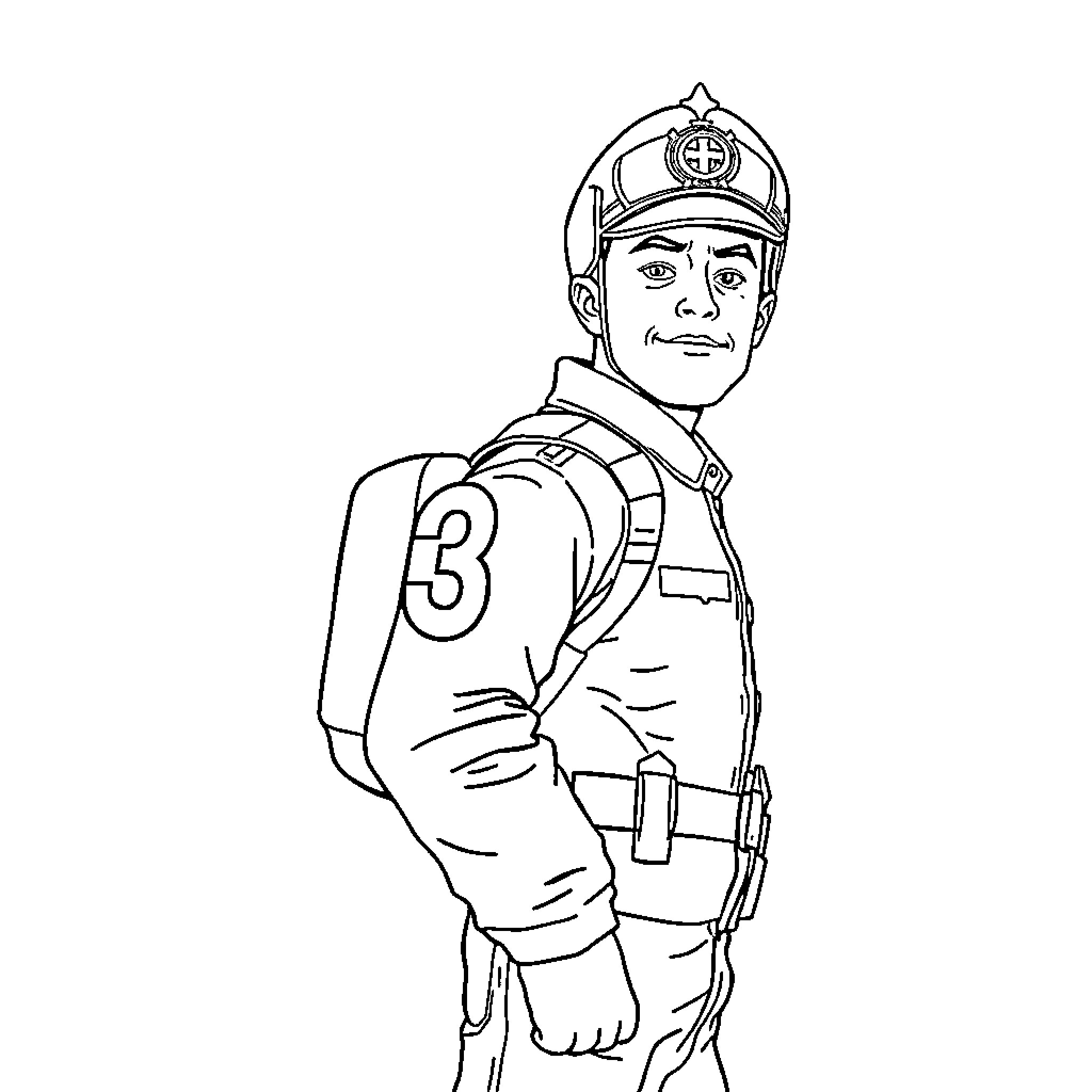 Bombero in firefighting gear and uniform Coloring Page (free black-and-white line drawing printable PDF for all, from beginners to advanced learners, including children, teens, adults, and seniors)