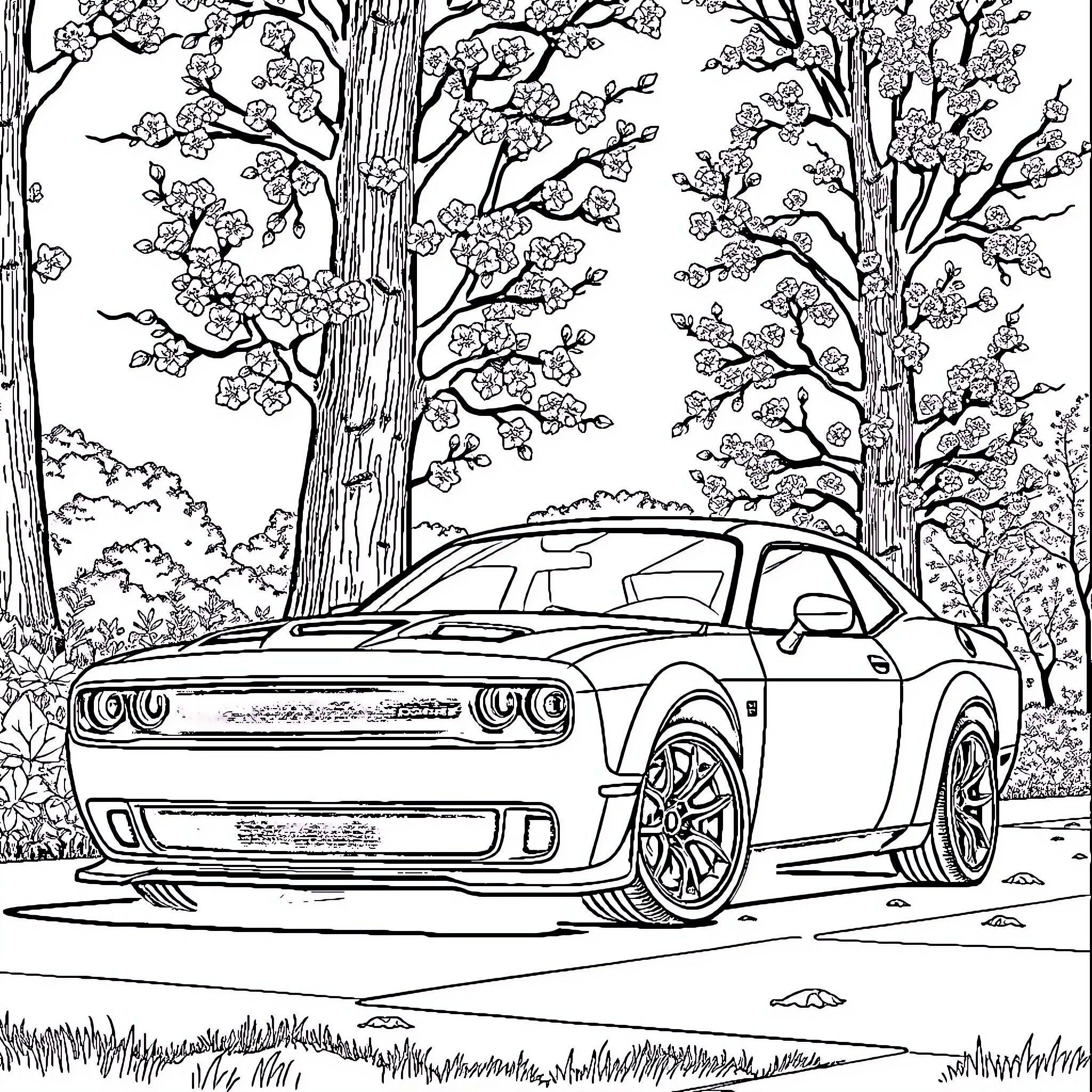 Dodge SRT Hellcat in a serene forest setting Coloring Page (free black-and-white line drawing printable PDF for all, from beginners to advanced learners, including children, teens, adults, and seniors)