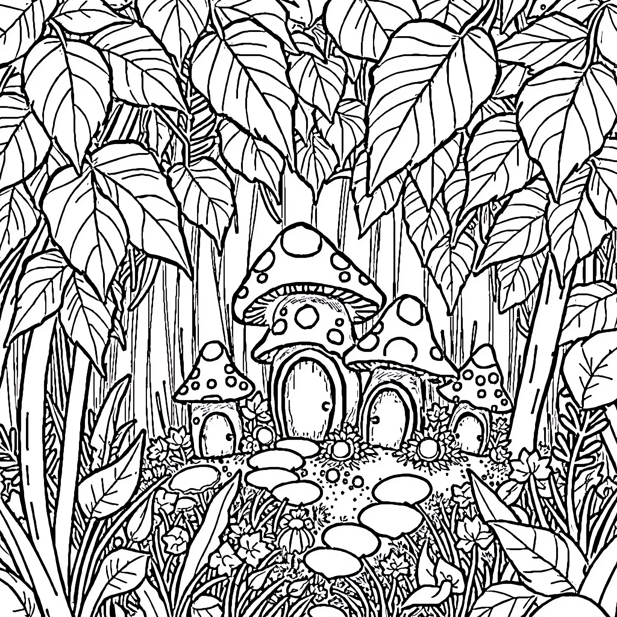 Mushroom Fairy Houses in the Forest Coloring Page (free black-and-white line drawing printable PDF for all, from beginners to advanced learners, including children, teens, adults, and seniors)