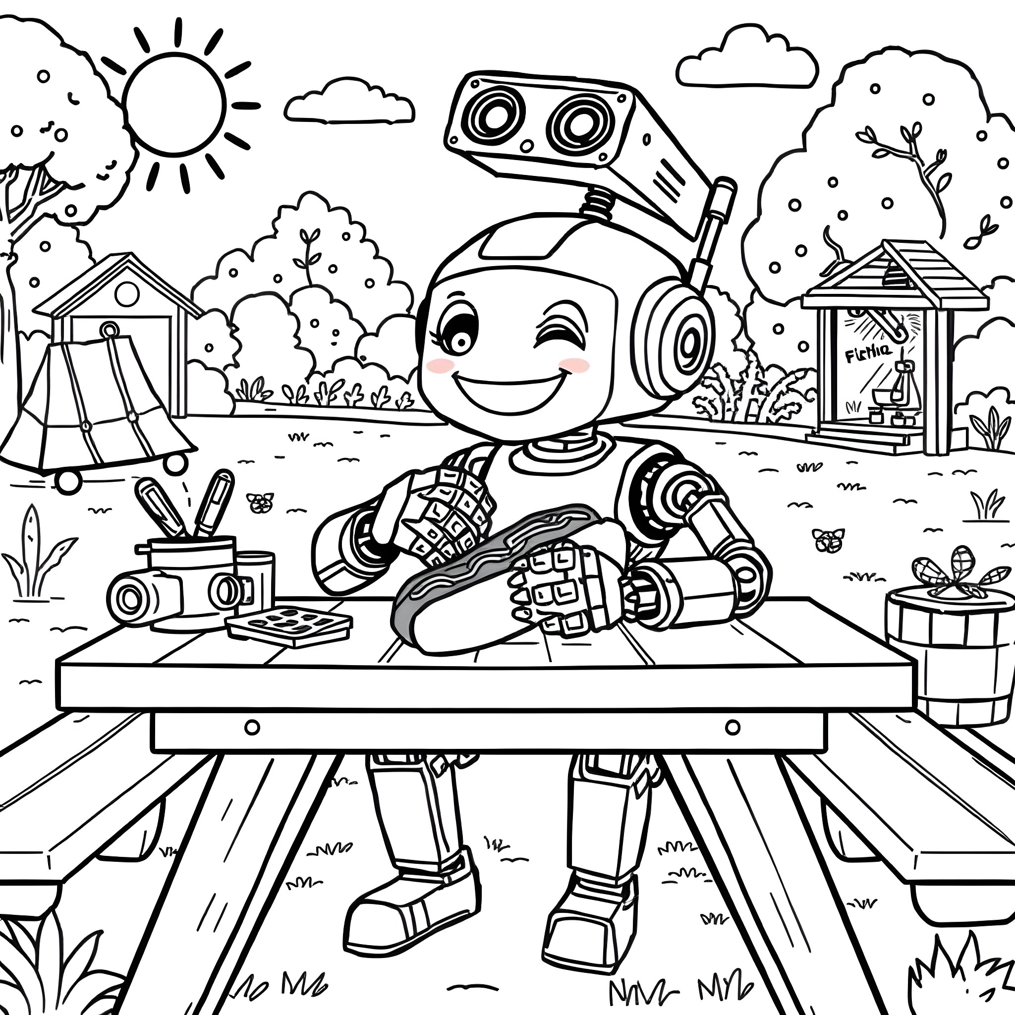 Robot cheerfully painting outdoors in the countryside Coloring Page (free black-and-white line drawing printable PDF for all, from beginners to advanced learners, including children, teens, adults, and seniors)