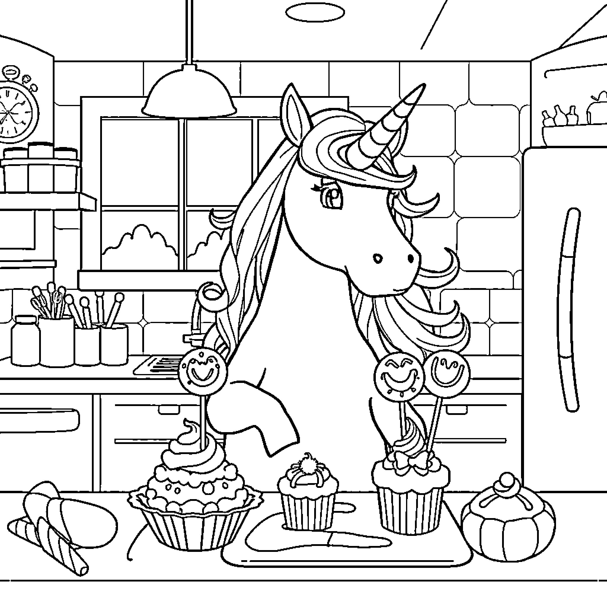 Unicorn Enjoying Sweets in the Kitchen Coloring Page (free black-and-white line drawing printable PDF for all, from beginners to advanced learners, including children, teens, adults, and seniors)