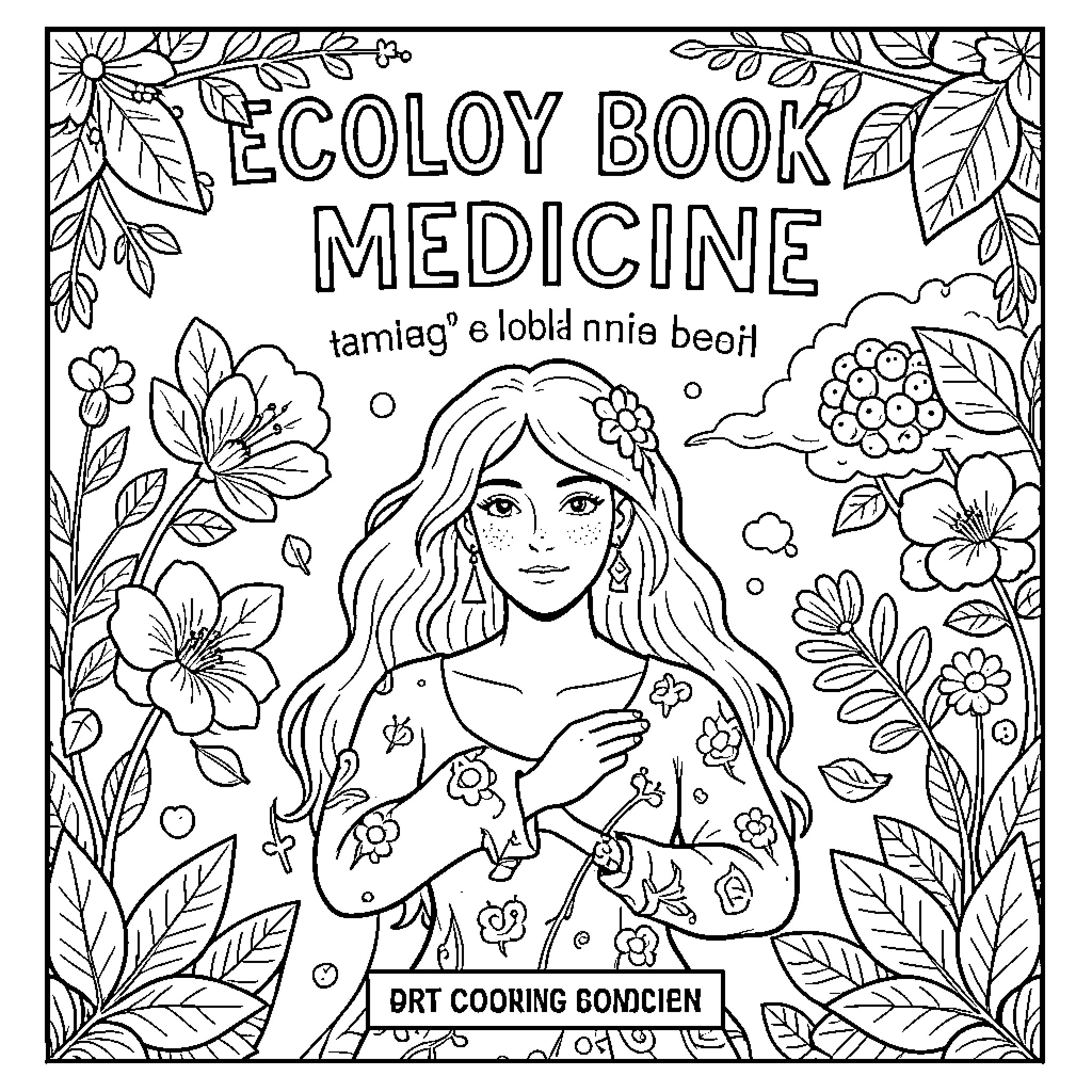 Ecology themed illustration of a woman amidst flowers Coloring Page (free black-and-white line drawing printable PDF for all, from beginners to advanced learners, including children, teens, adults, and seniors)