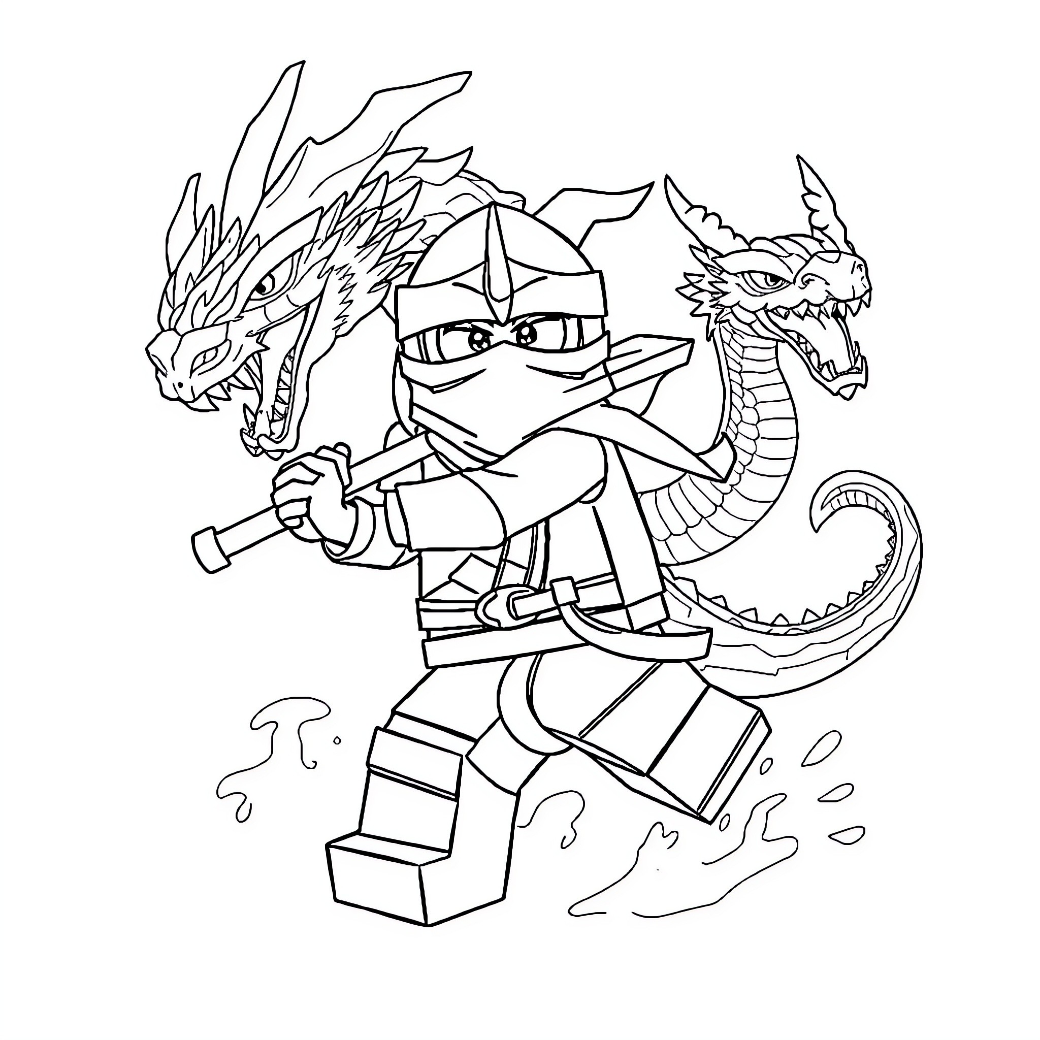 Ninjago Ninja Battles Fierce Dragon Coloring Page (free black-and-white line drawing printable PDF for all, from beginners to advanced learners, including children, teens, adults, and seniors)