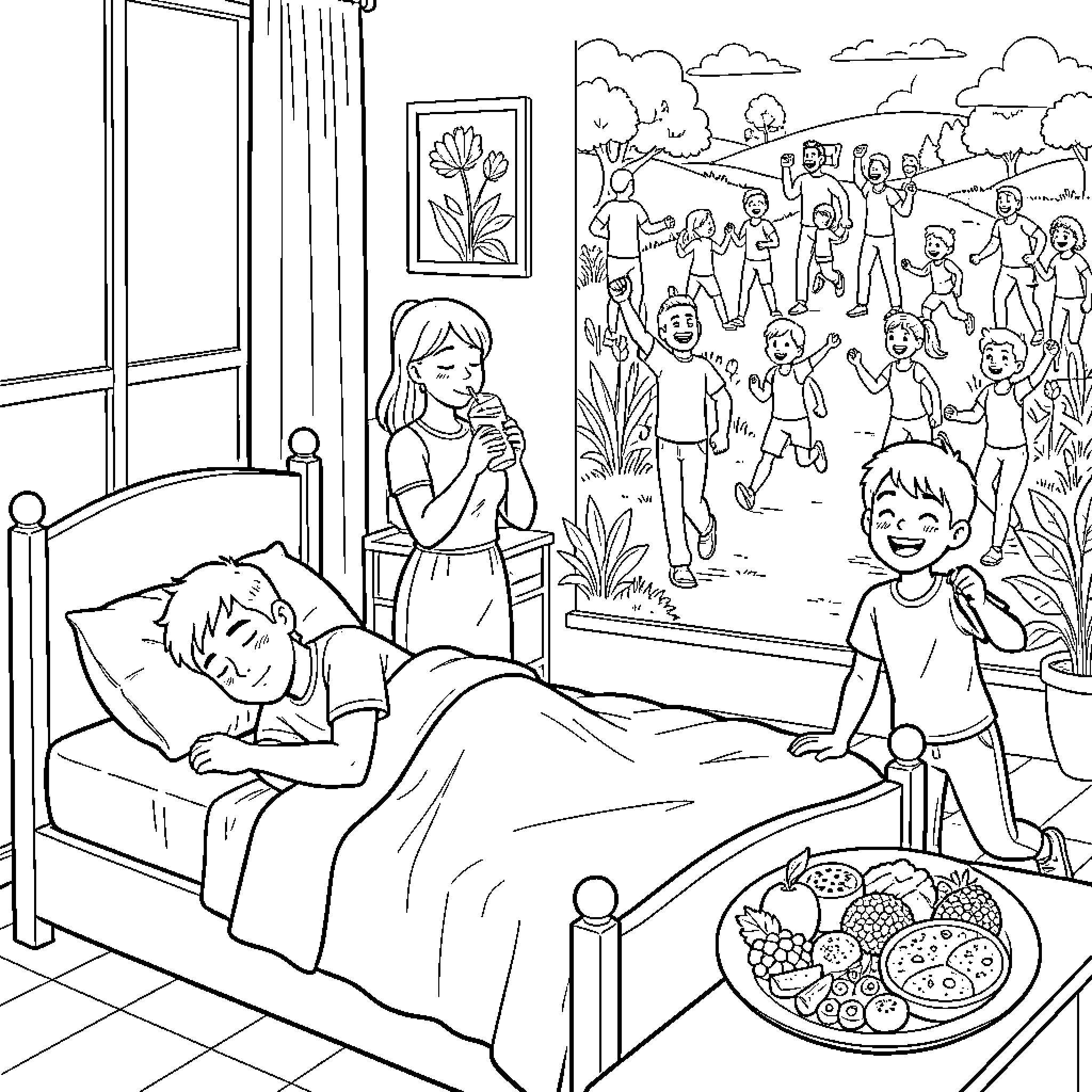 Saludable familia disfrutando de actividades al aire libre Coloring Page (free black-and-white line drawing printable PDF for all, from beginners to advanced learners, including children, teens, adults, and seniors)