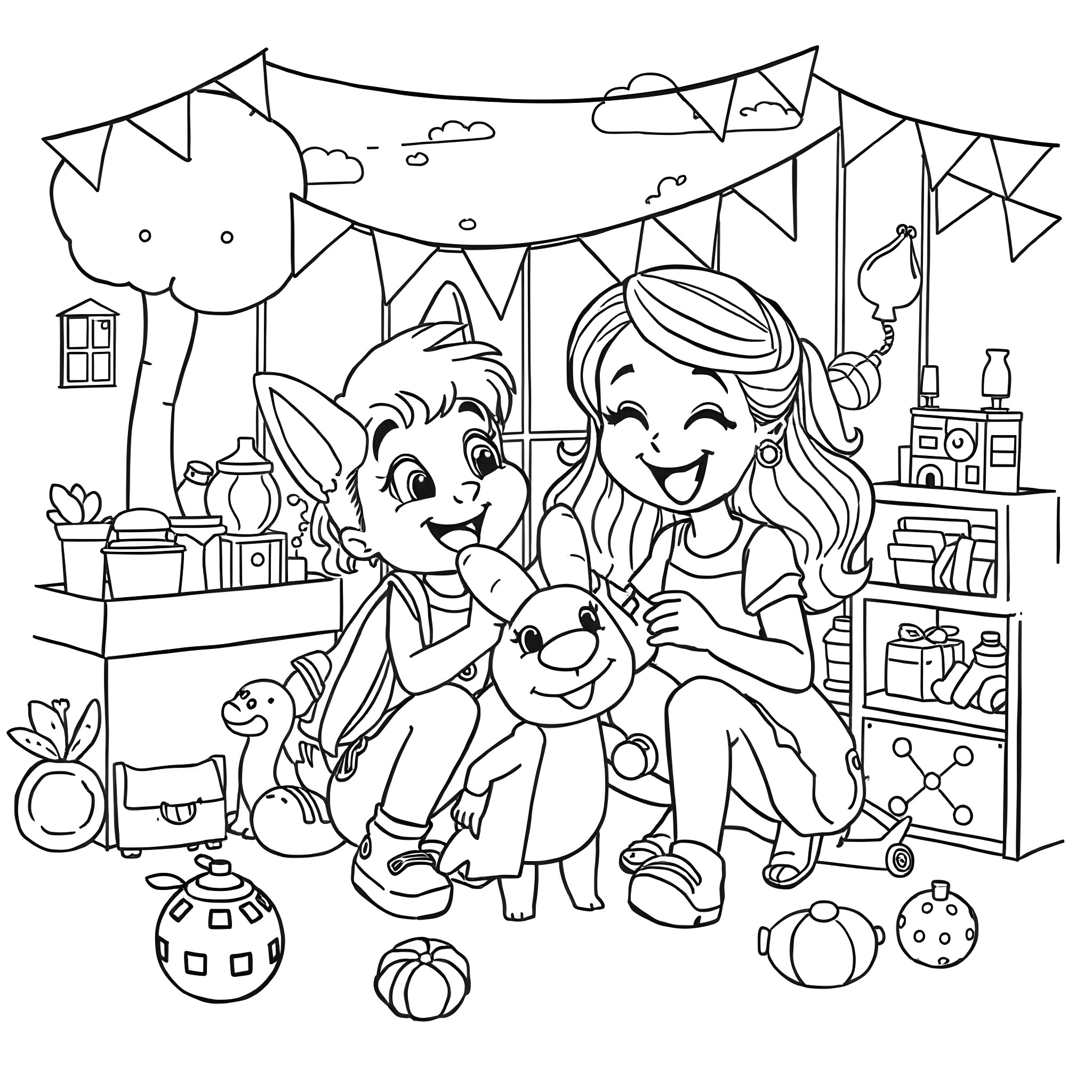 Miss Rachel's Happy Playtime with Pets Coloring Page (free black-and-white line drawing printable PDF for all, from beginners to advanced learners, including children, teens, adults, and seniors)