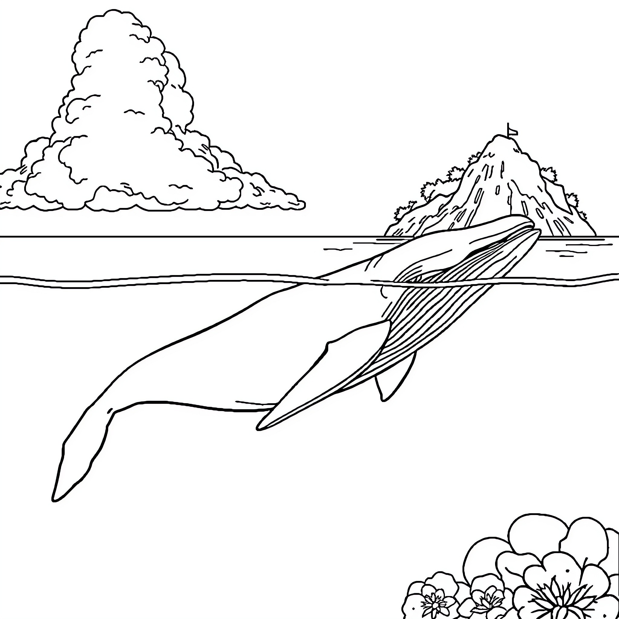 Whale swimming gracefully in the ocean Coloring Page (free black-and-white line drawing printable PDF for all, from beginners to advanced learners, including children, teens, adults, and seniors)