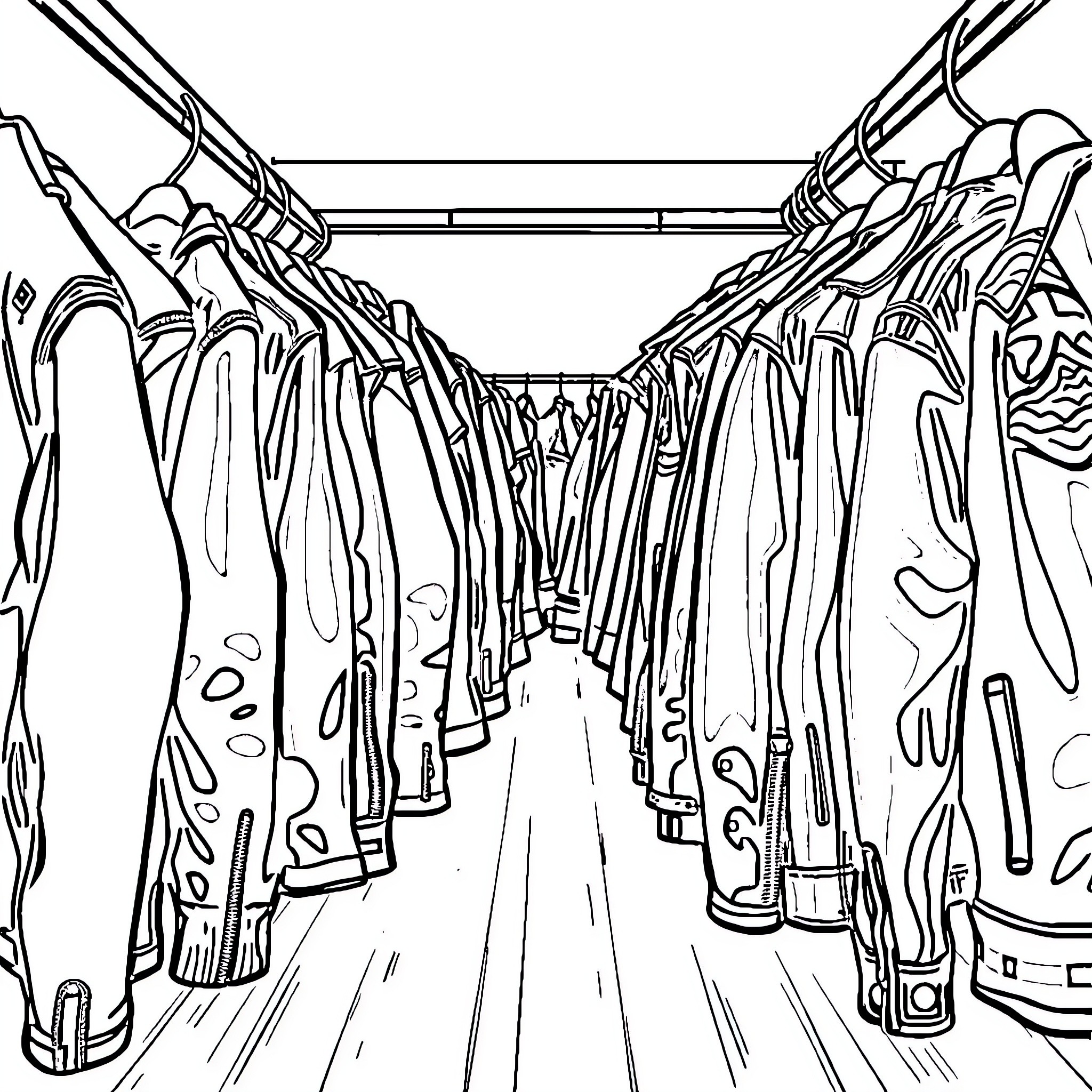 Jacket display in a clothing store Coloring Page (free black-and-white line drawing printable PDF for all, from beginners to advanced learners, including children, teens, adults, and seniors)