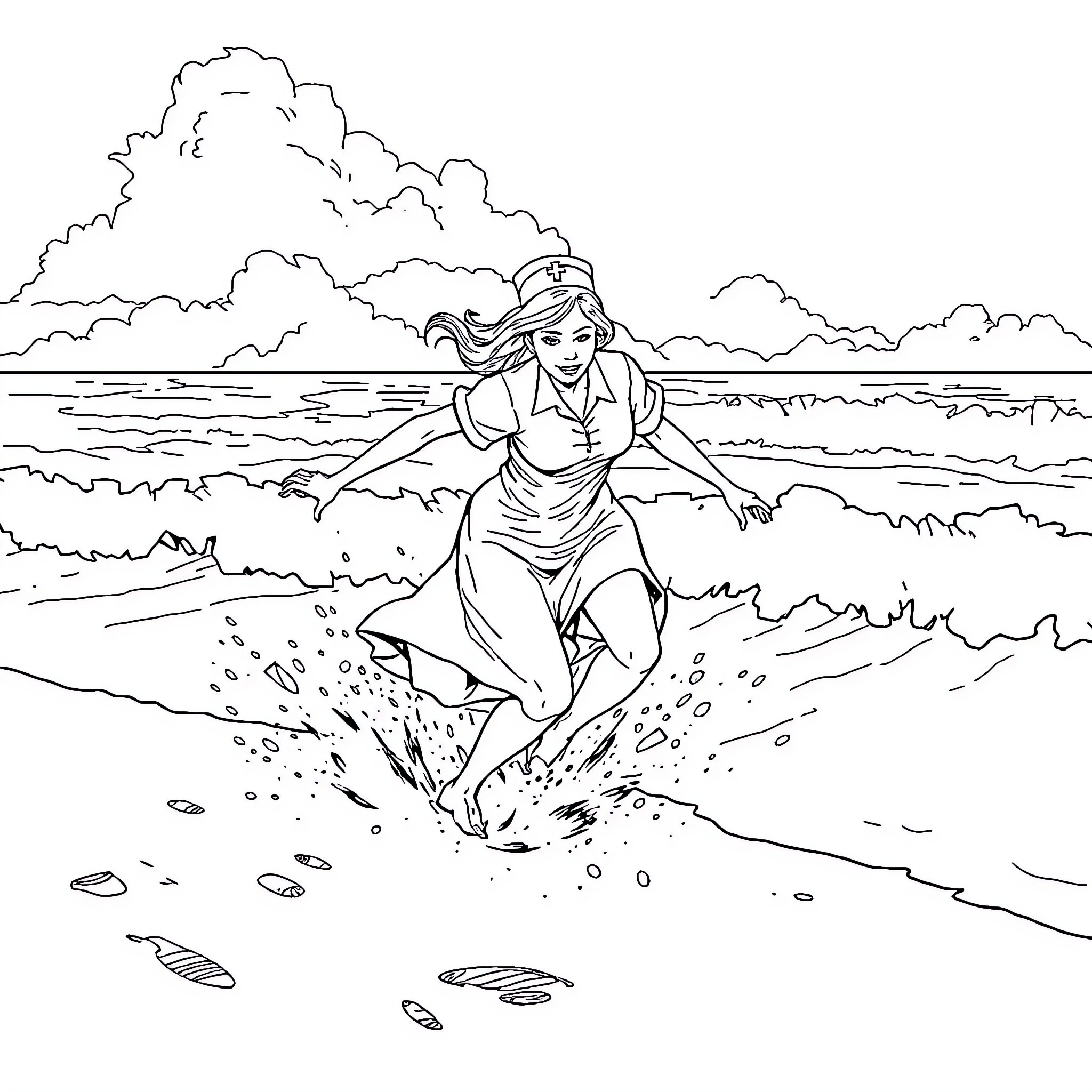 Nurse running through waves on the beach Coloring Page (free black-and-white line drawing printable PDF for all, from beginners to advanced learners, including children, teens, adults, and seniors)