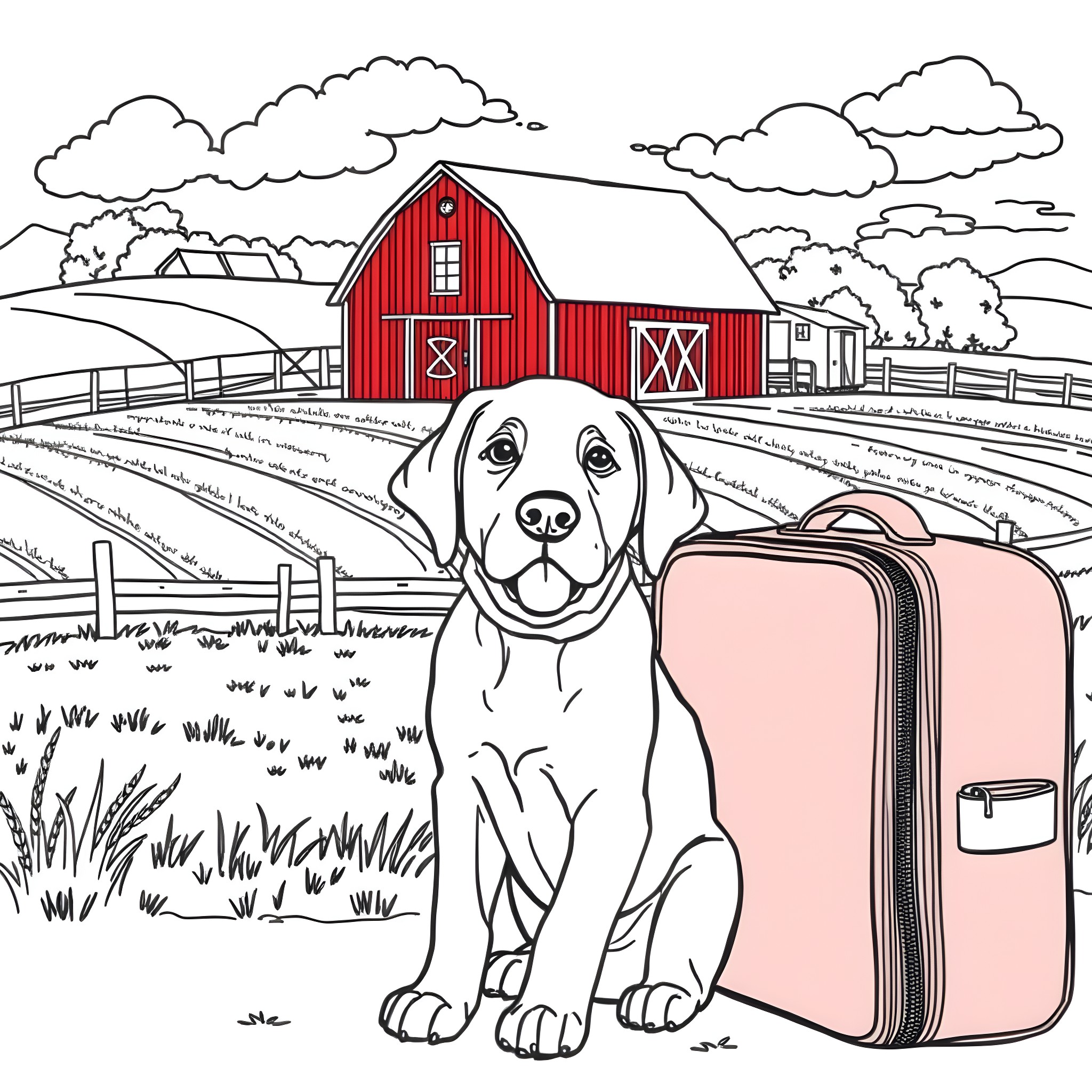 Puppy exploring the countryside with a suitcase Coloring Page (free black-and-white line drawing printable PDF for all, from beginners to advanced learners, including children, teens, adults, and seniors)