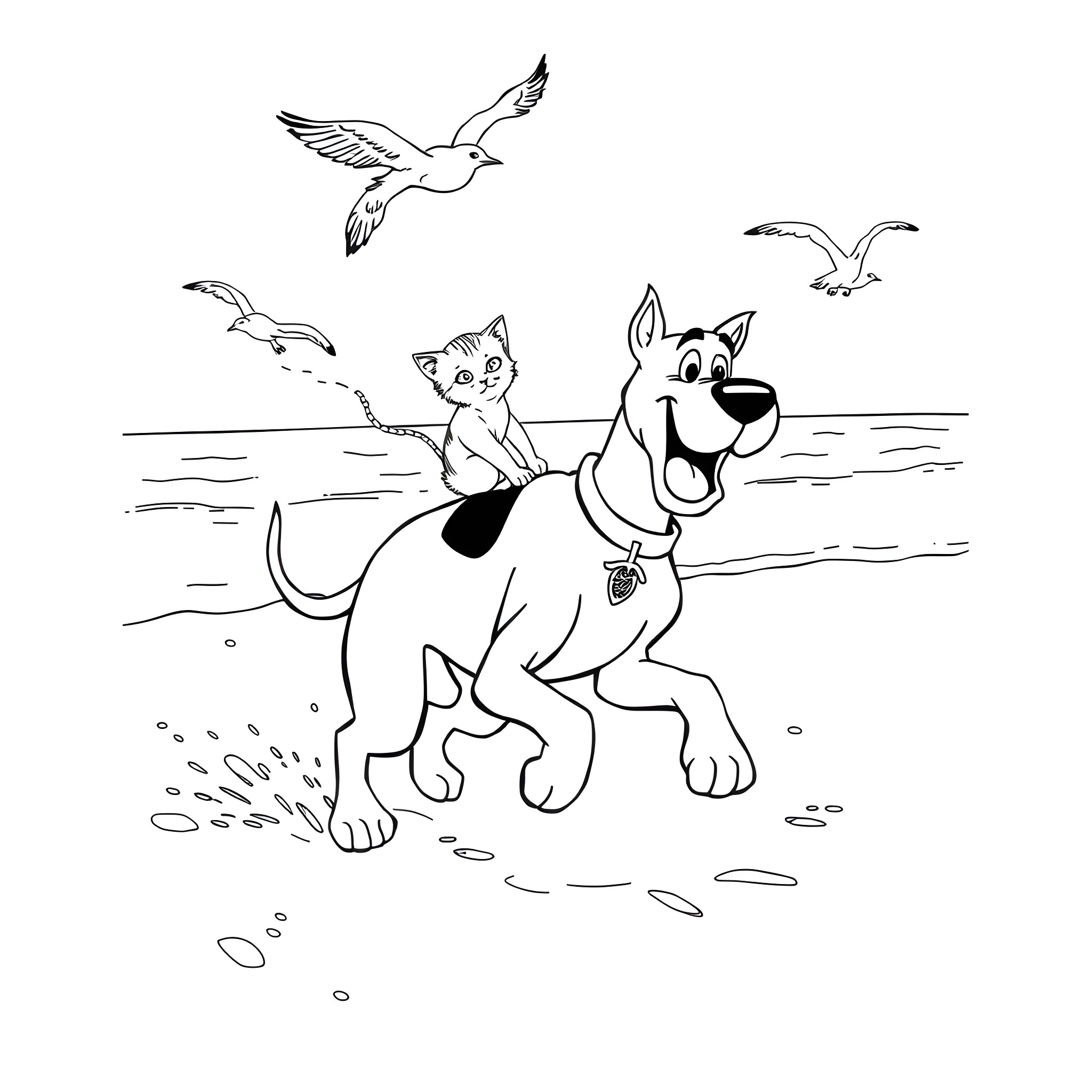 Scooby Doo and cat exploring the beach Coloring Page (free black-and-white line drawing printable PDF for all, from beginners to advanced learners, including children, teens, adults, and seniors)