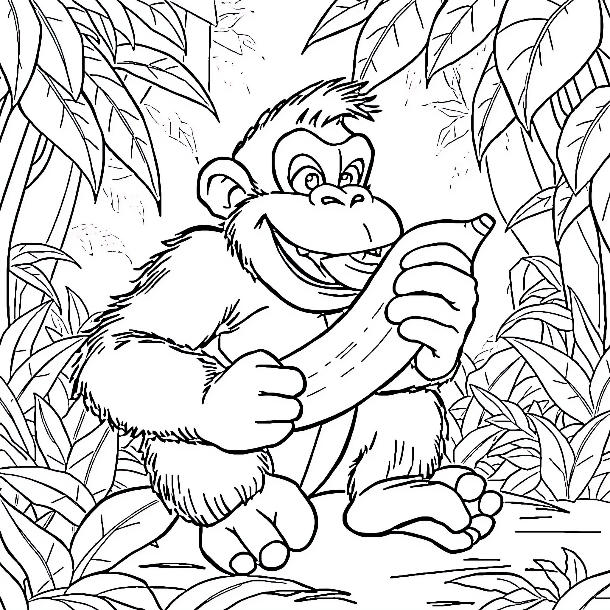 Donkey Kong happily exploring the jungle Coloring Page (free black-and-white line drawing printable PDF for all, from beginners to advanced learners, including children, teens, adults, and seniors)