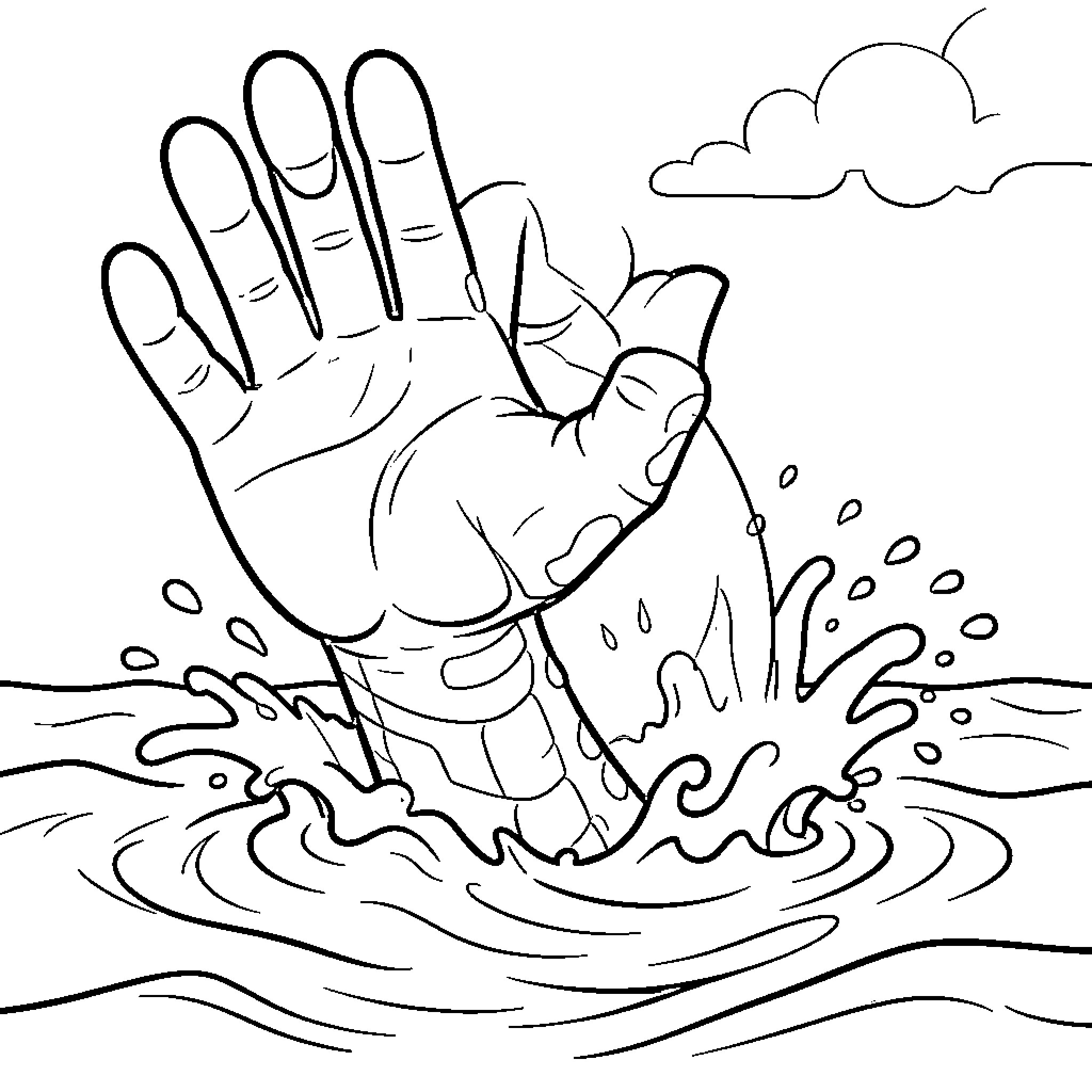 Sea Monster hand reaching out from the waves Coloring Page (free black-and-white line drawing printable PDF for all, from beginners to advanced learners, including children, teens, adults, and seniors)