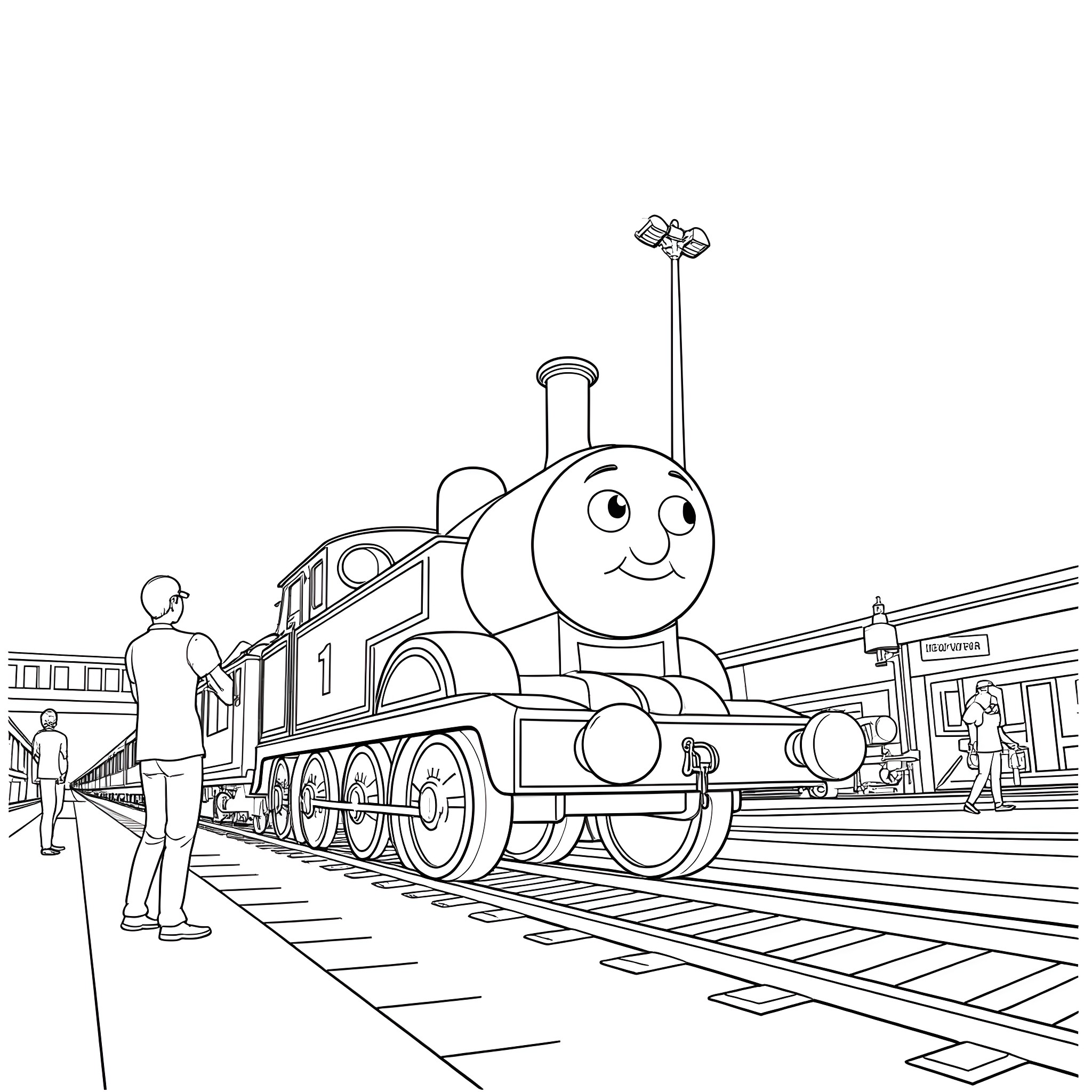 Thomas the Train Smiling on the Railway Coloring Page (free black-and-white line drawing printable PDF for all, from beginners to advanced learners, including children, teens, adults, and seniors)
