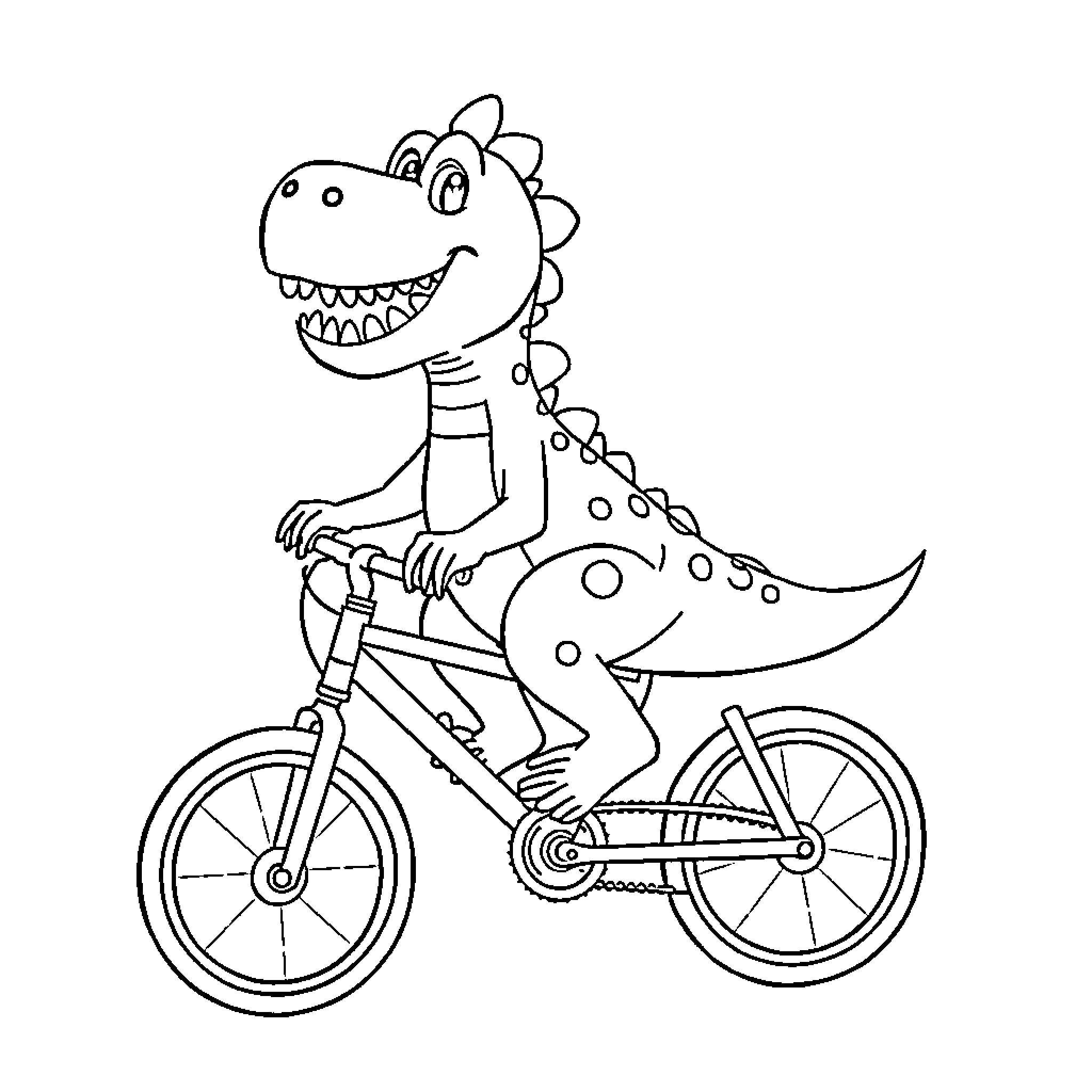 Dinosaur riding a bicycle happily Coloring Page (free black-and-white line drawing printable PDF for all, from beginners to advanced learners, including children, teens, adults, and seniors)