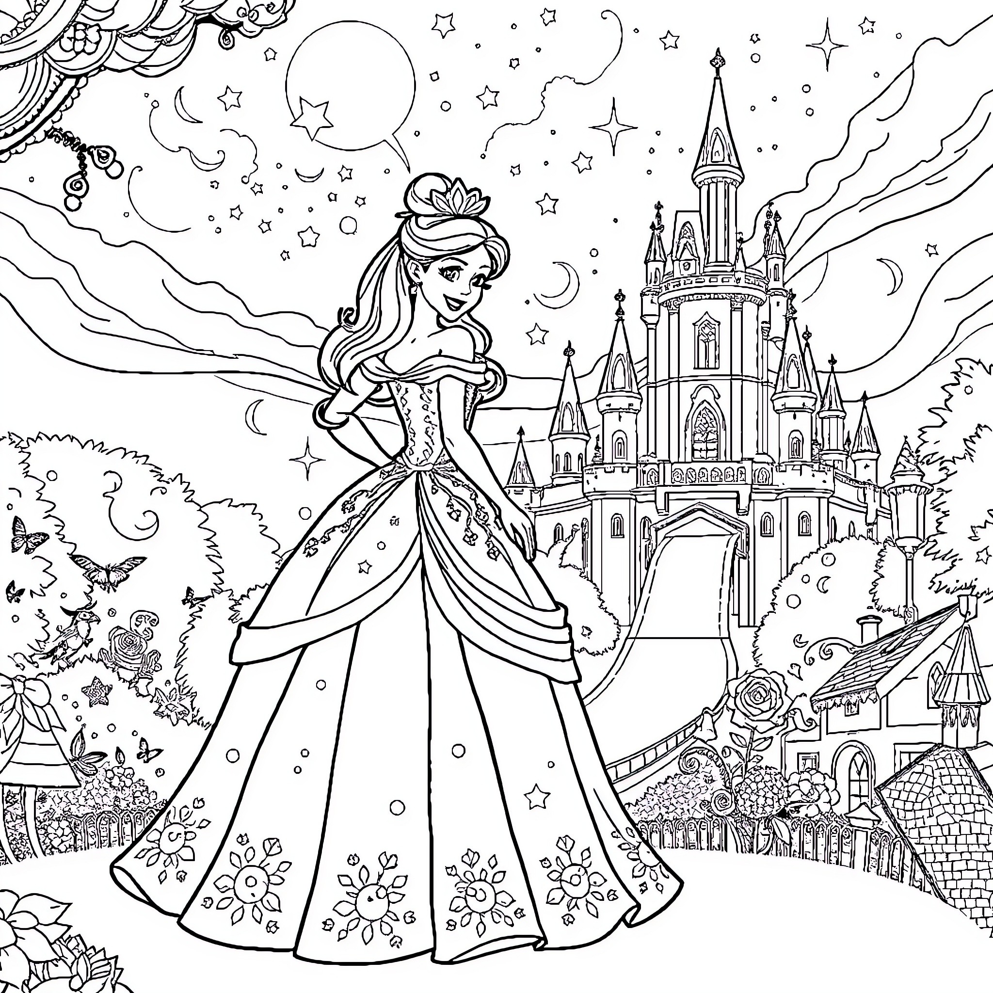 Princess in Enchanting Castle Under Starry Night Coloring Page (free black-and-white line drawing printable PDF for all, from beginners to advanced learners, including children, teens, adults, and seniors)