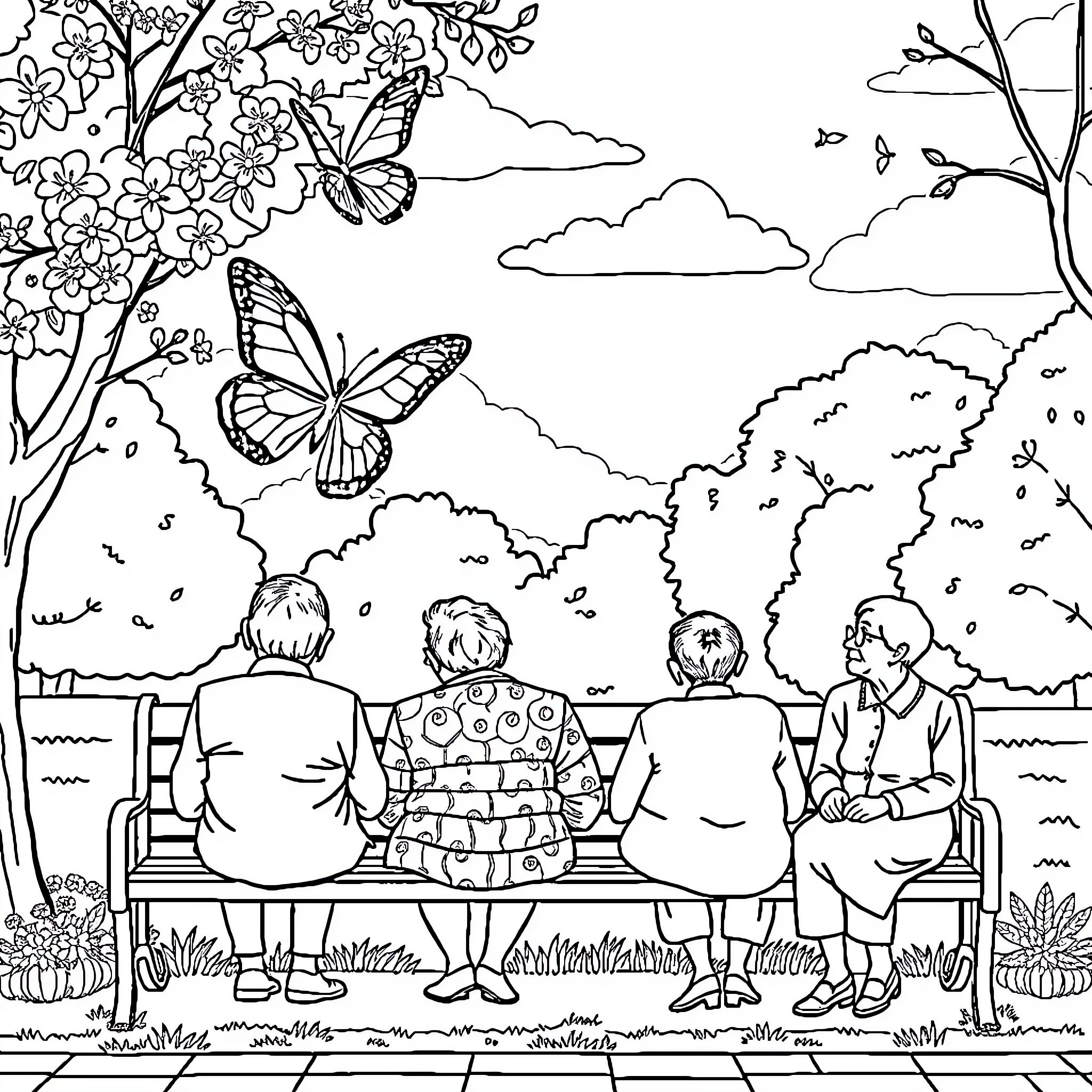 Butterfly friends enjoying a peaceful day outdoors Coloring Page (free black-and-white line drawing printable PDF for all, from beginners to advanced learners, including children, teens, adults, and seniors)