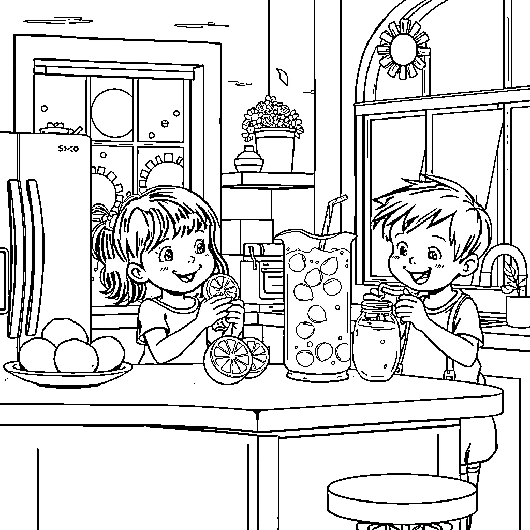 Kid Preparing Lemonade with Friend in Kitchen Coloring Page (free black-and-white line drawing printable PDF for all, from beginners to advanced learners, including children, teens, adults, and seniors)