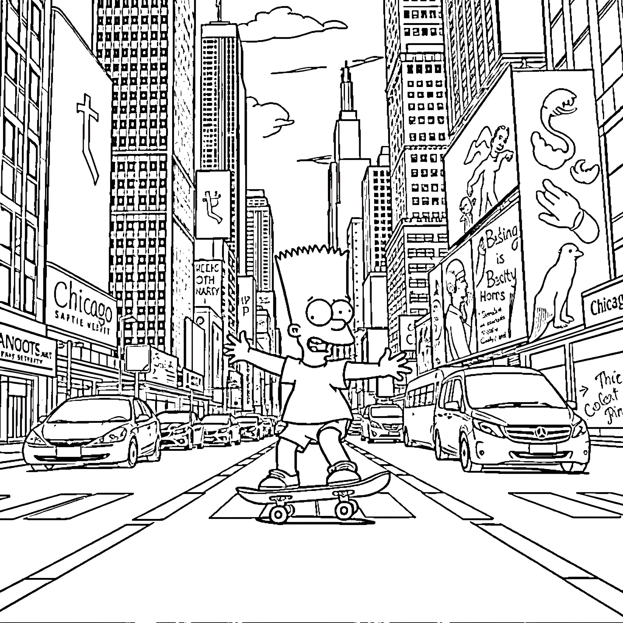 Bart Simpson skateboarding through bustling city streets Coloring Page (free black-and-white line drawing printable PDF for all, from beginners to advanced learners, including children, teens, adults, and seniors)