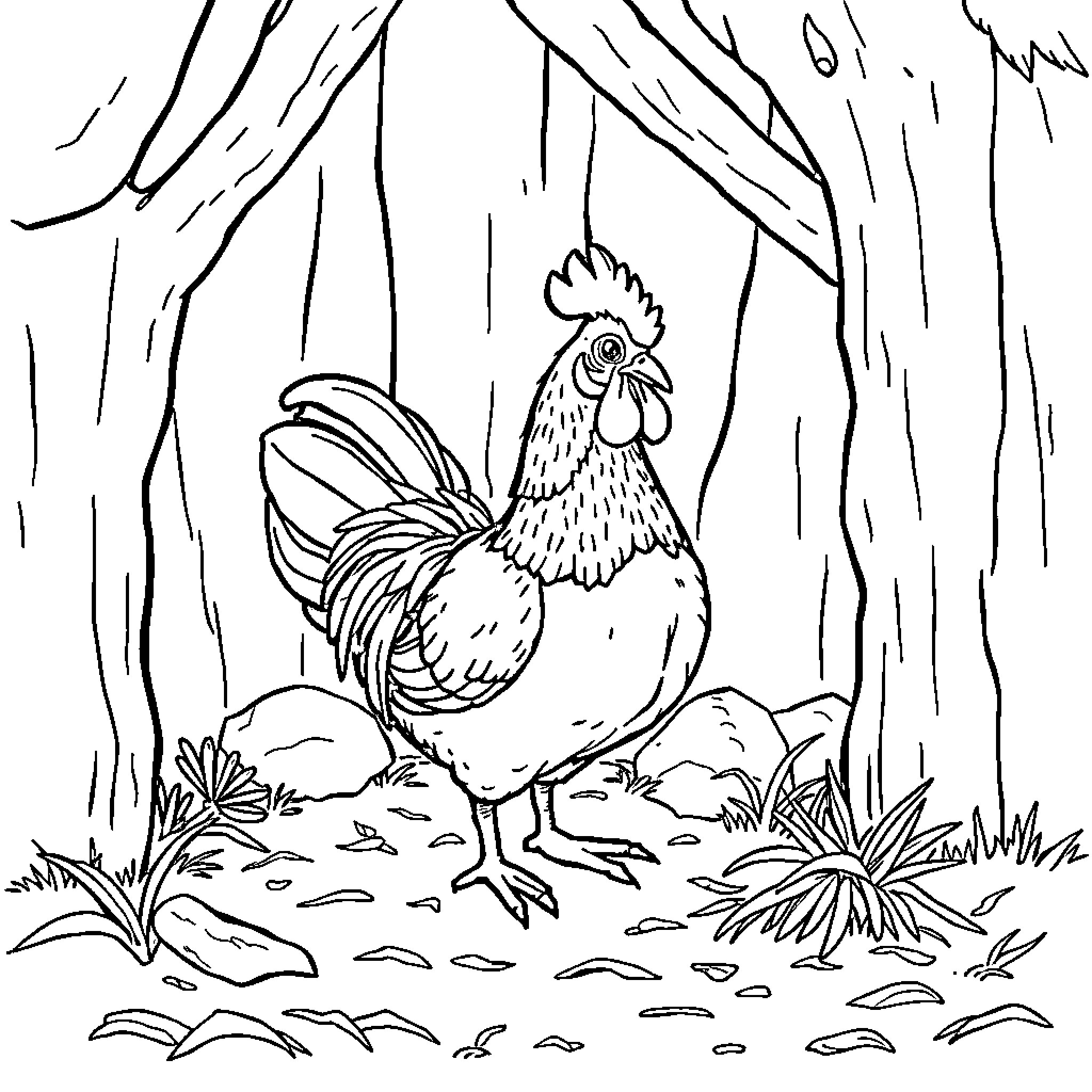 Chicken strutting proudly in the forest Coloring Page (free black-and-white line drawing printable PDF for all, from beginners to advanced learners, including children, teens, adults, and seniors)