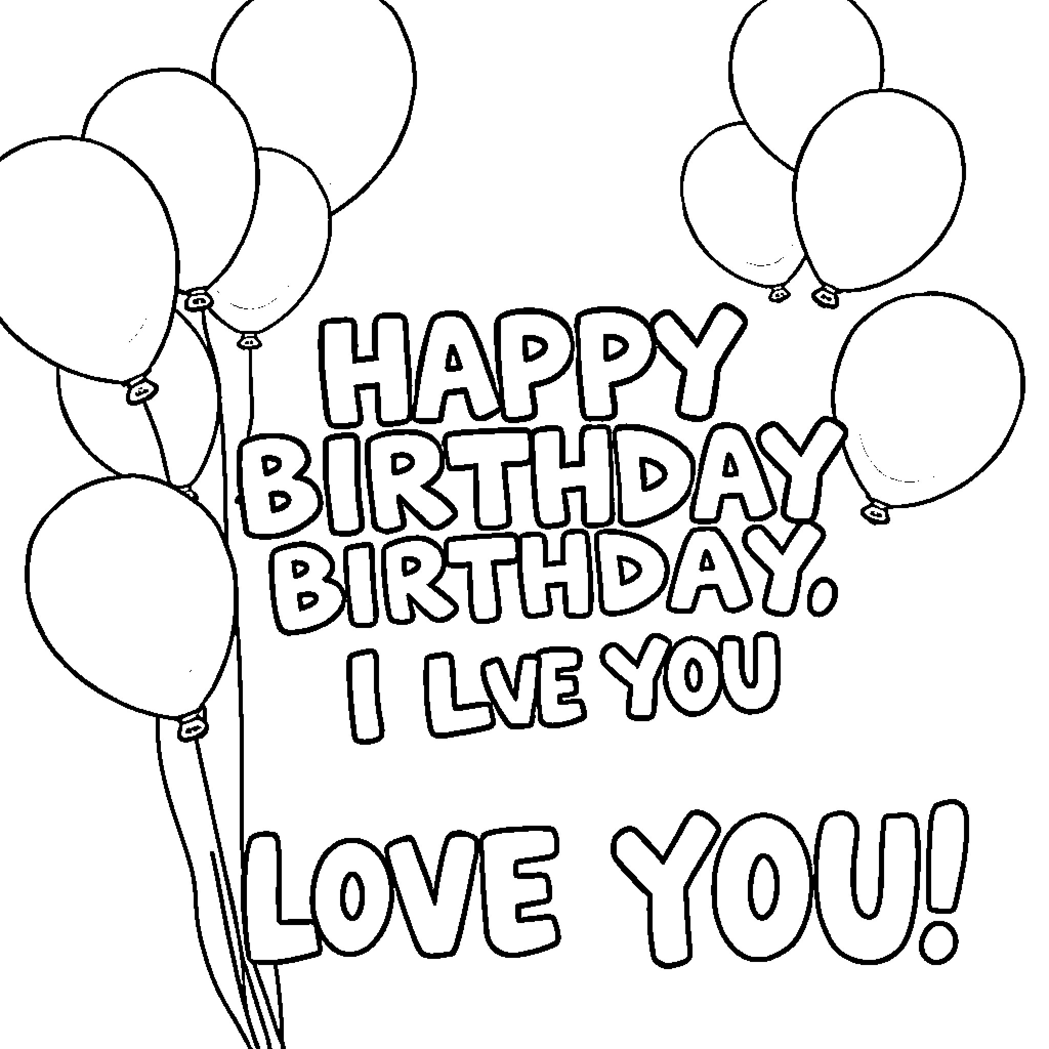 Birthday message with balloons Coloring Page (free black-and-white line drawing printable PDF for all, from beginners to advanced learners, including children, teens, adults, and seniors)