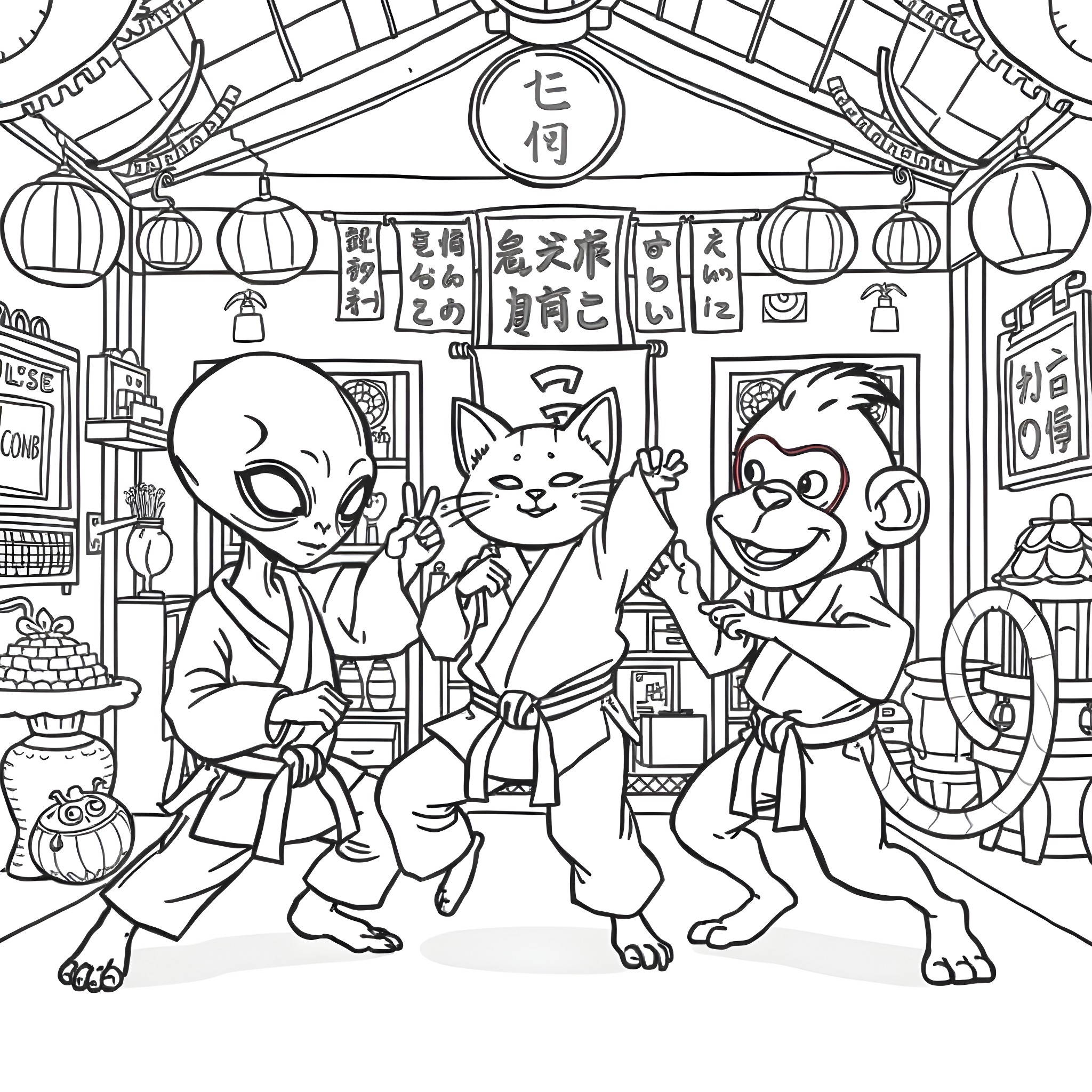 Alien characters celebrating in a festive Japanese setting Coloring Page (free black-and-white line drawing printable PDF for all, from beginners to advanced learners, including children, teens, adults, and seniors)