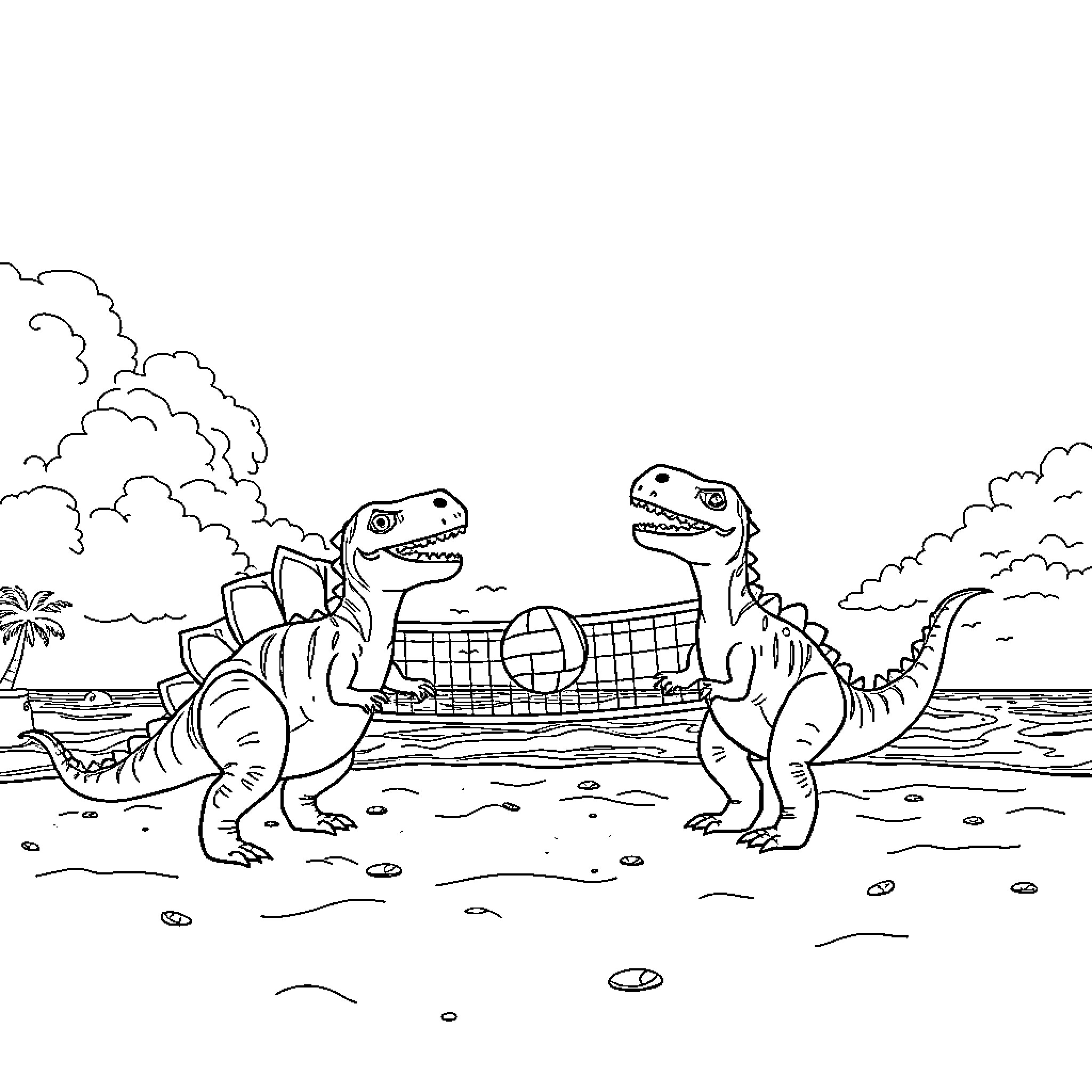 Dinosaur friends relaxing on the beach Coloring Page (free black-and-white line drawing printable PDF for all, from beginners to advanced learners, including children, teens, adults, and seniors)
