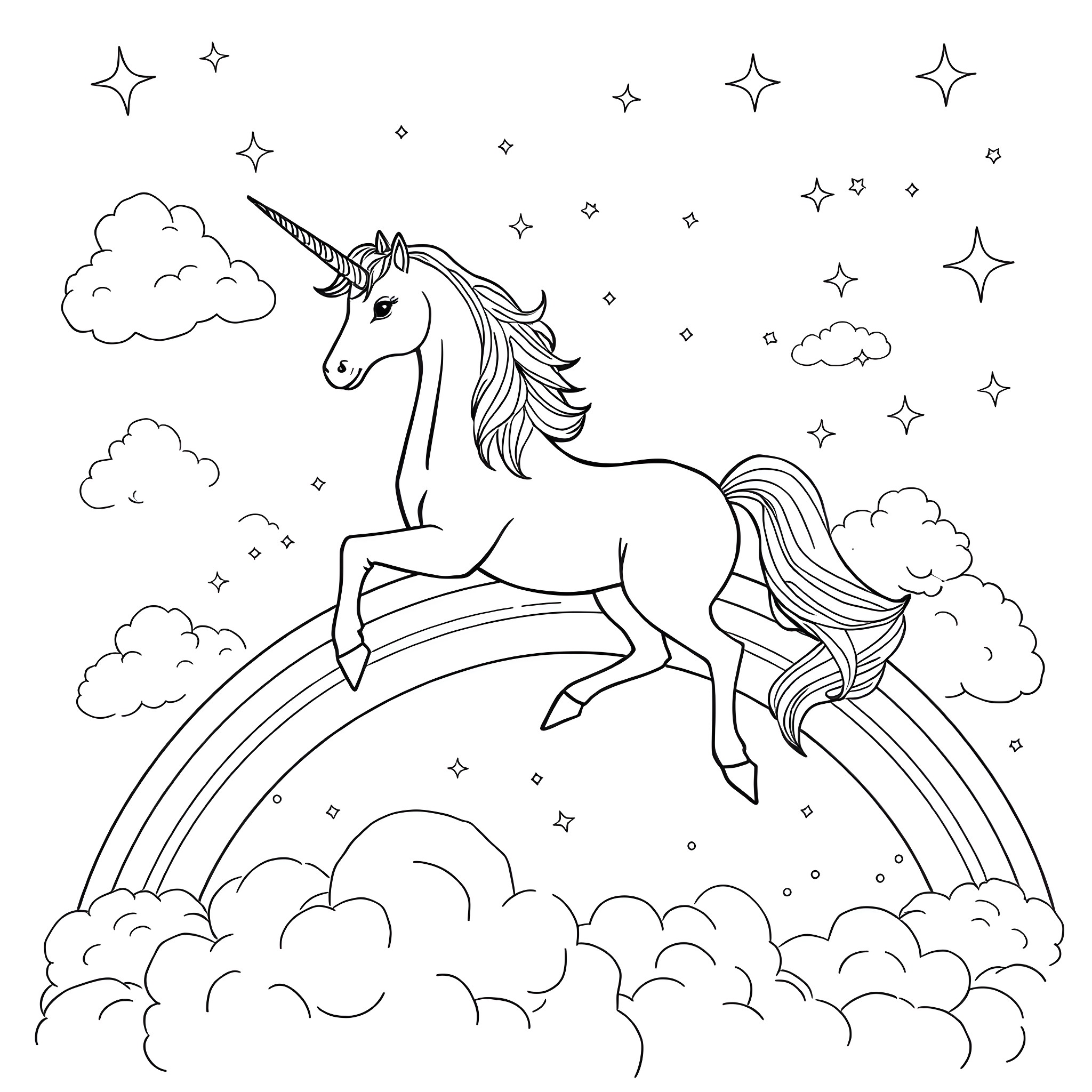 Unicorn prancing amidst clouds and stars Coloring Page (free black-and-white line drawing printable PDF for all, from beginners to advanced learners, including children, teens, adults, and seniors)