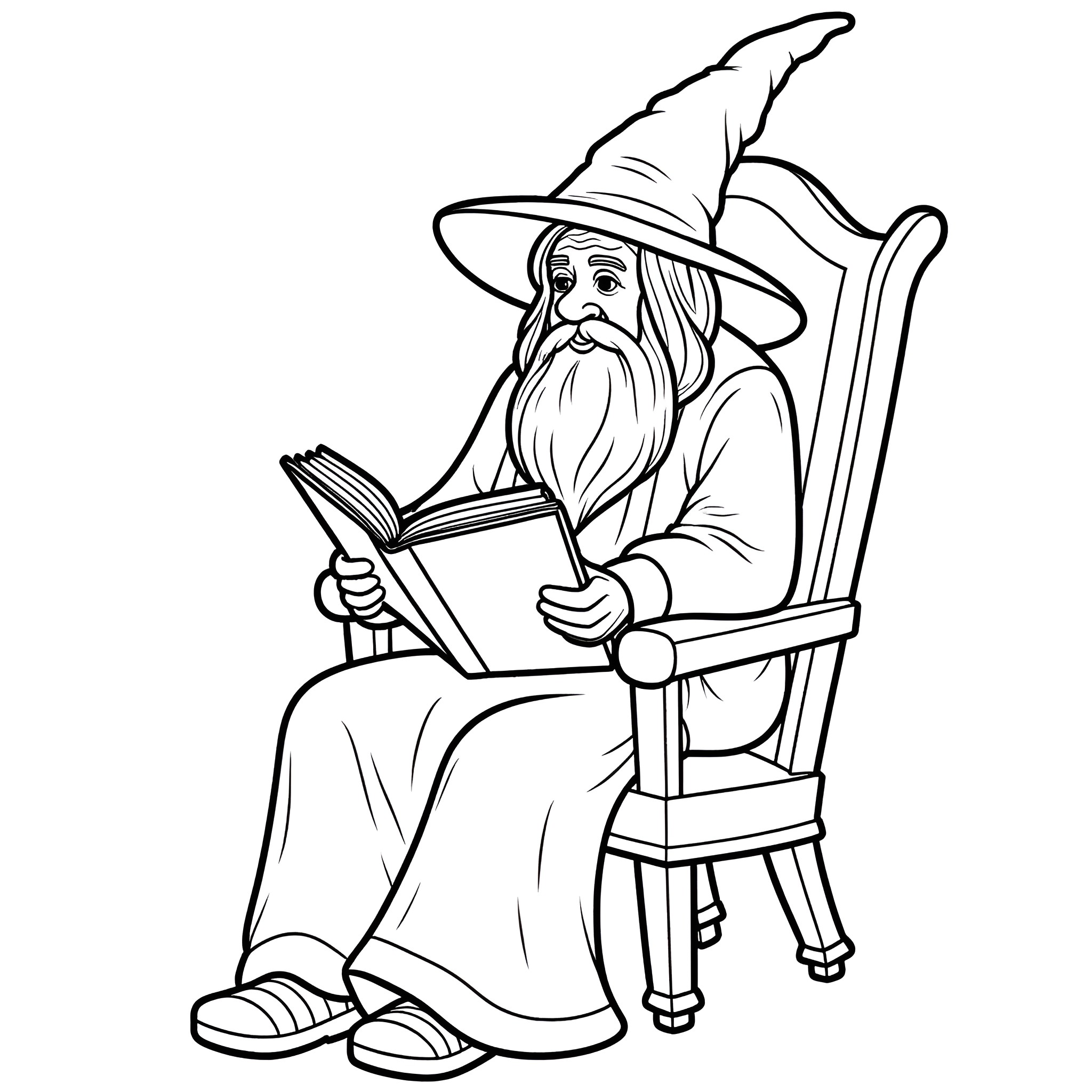 Wizard reading a book in a chair Coloring Page (free black-and-white line drawing printable PDF for all, from beginners to advanced learners, including children, teens, adults, and seniors)