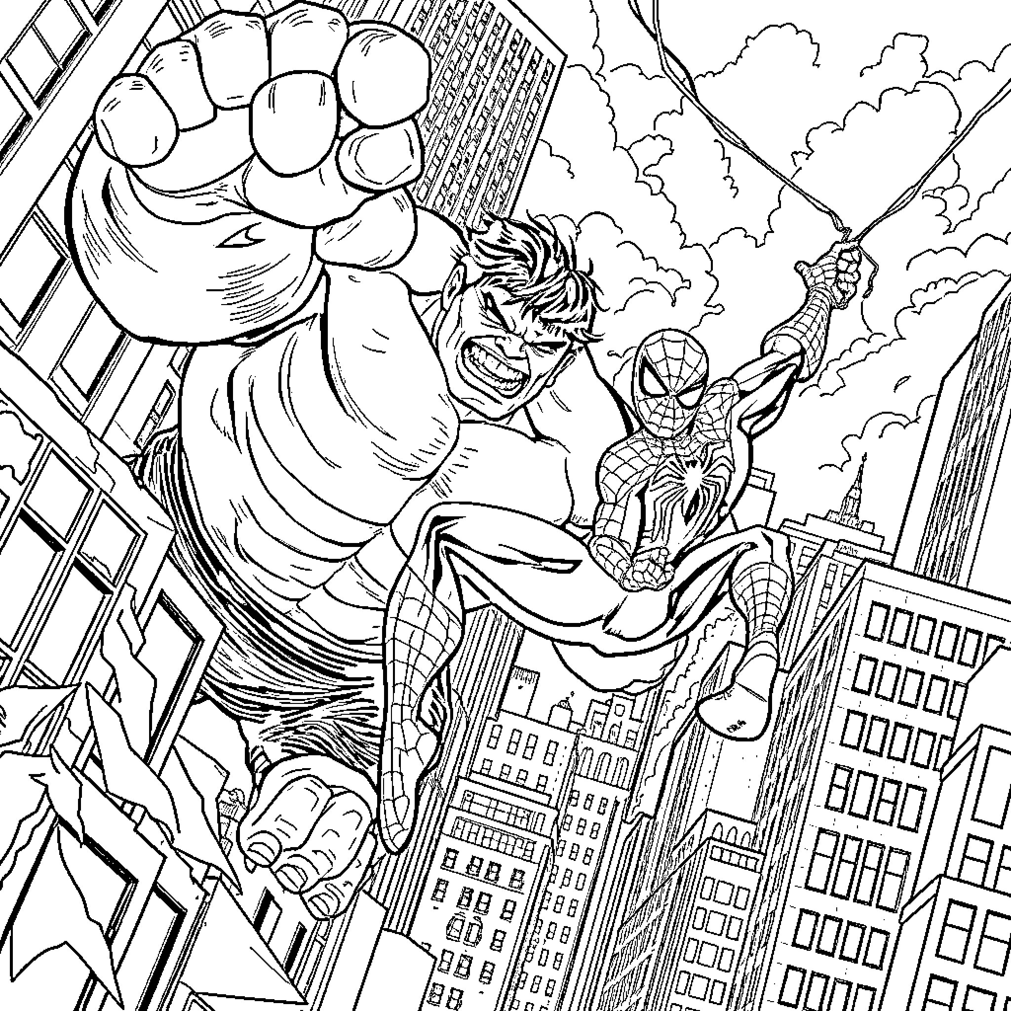 Spiderman battles a giant foe in the city Coloring Page (free black-and-white line drawing printable PDF for all, from beginners to advanced learners, including children, teens, adults, and seniors)