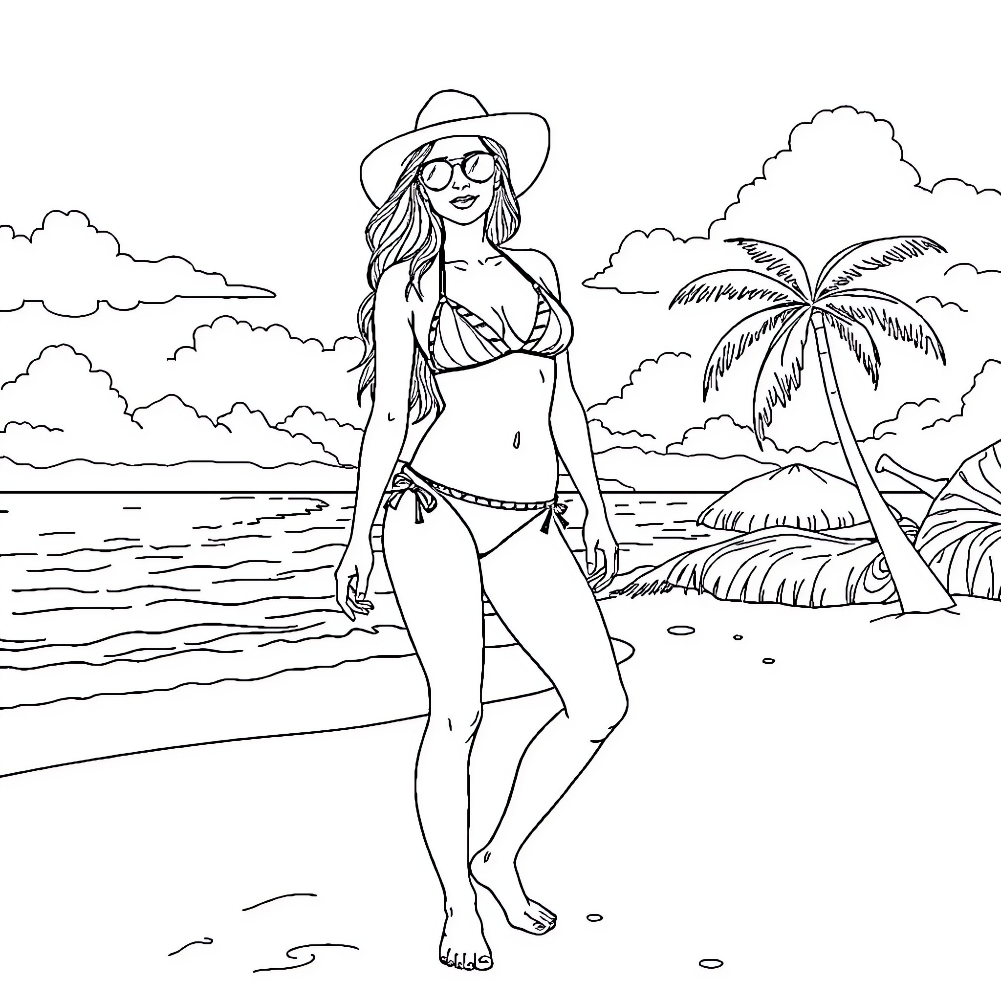 Model enjoying the beach in swimwear and hat Coloring Page (free black-and-white line drawing printable PDF for all, from beginners to advanced learners, including children, teens, adults, and seniors)