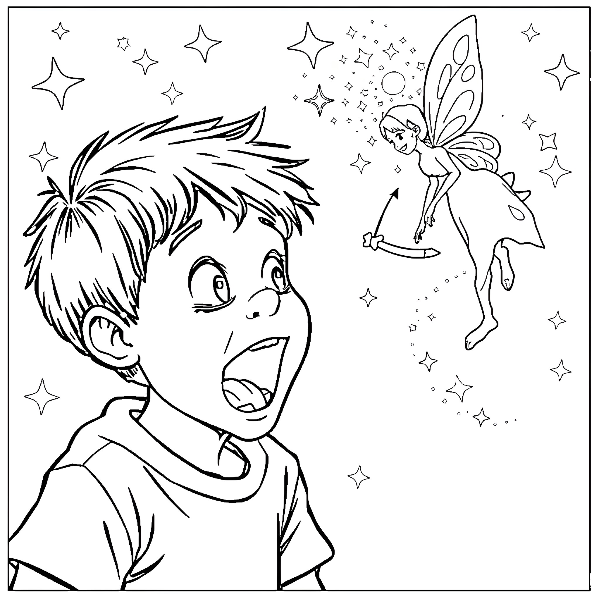 Tooth Fairy visits a surprised young boy Coloring Page (free black-and-white line drawing printable PDF for all, from beginners to advanced learners, including children, teens, adults, and seniors)