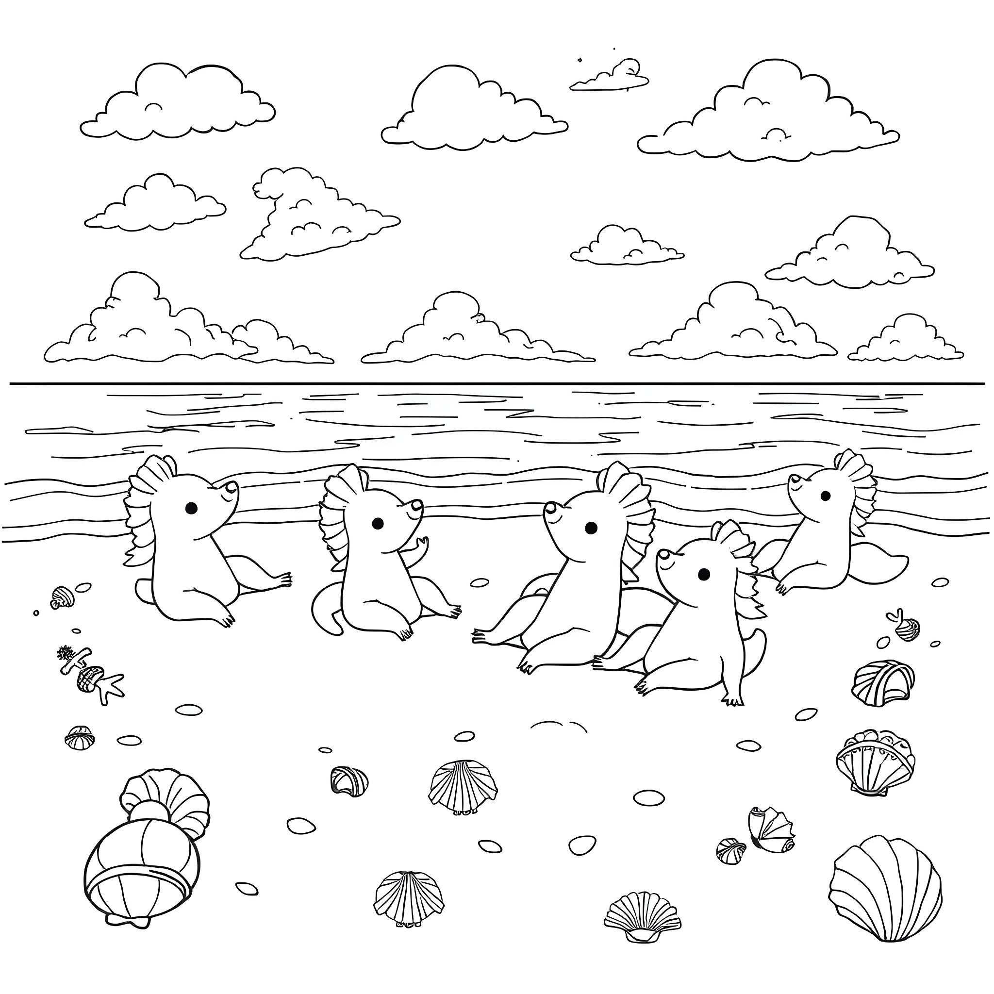 SNOM creatures swimming in the ocean Coloring Page (free black-and-white line drawing printable PDF for all, from beginners to advanced learners, including children, teens, adults, and seniors)