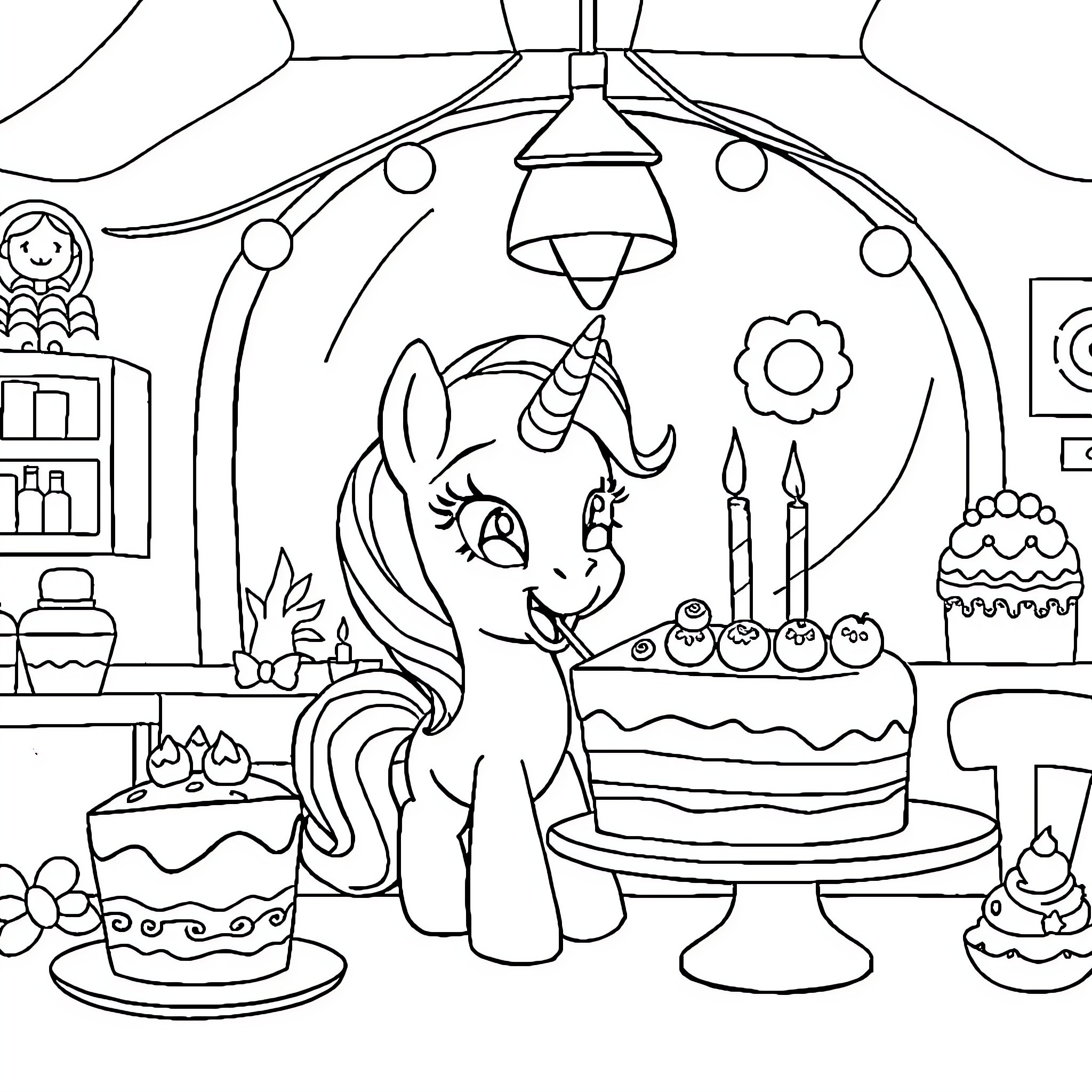 Pony celebrating birthday with cake and decorations Coloring Page (free black-and-white line drawing printable PDF for all, from beginners to advanced learners, including children, teens, adults, and seniors)