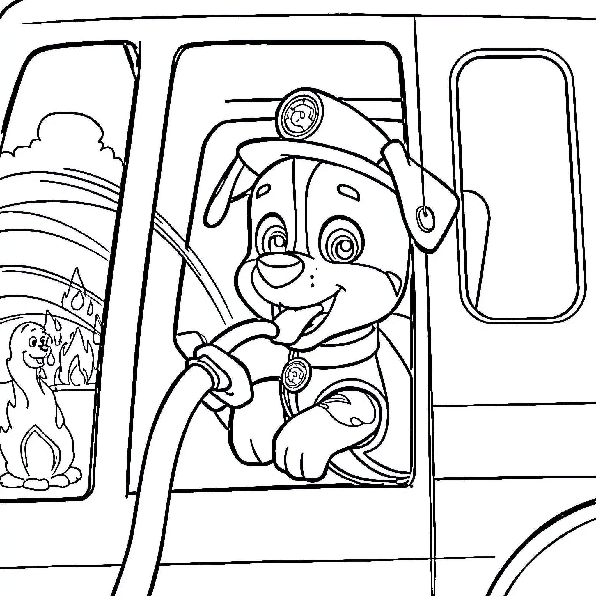 Marshall Driving Fire Truck with Puppy Companion Coloring Page (free black-and-white line drawing printable PDF for all, from beginners to advanced learners, including children, teens, adults, and seniors)