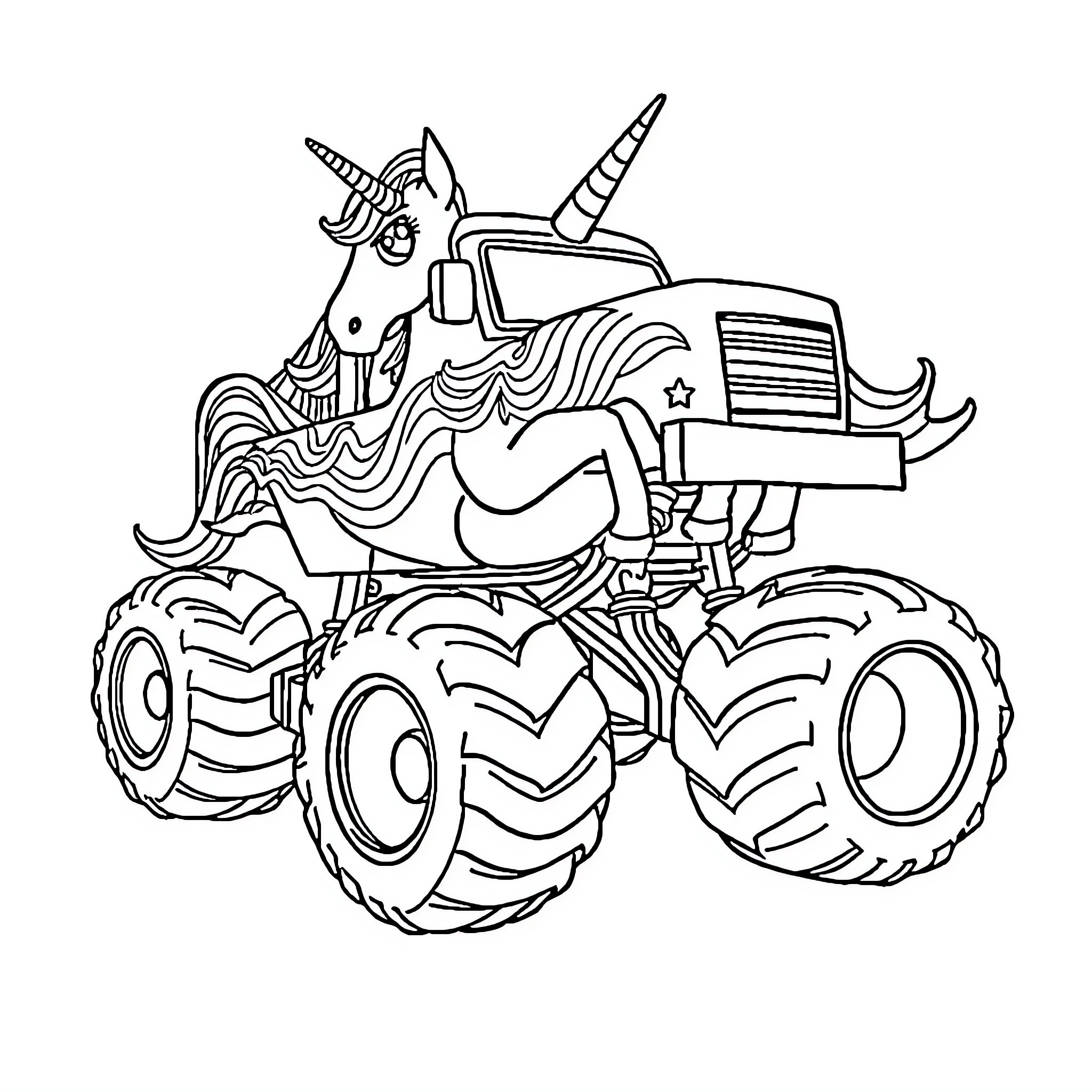 Unicorn driving a monster truck with enthusiasm Coloring Page (free black-and-white line drawing printable PDF for all, from beginners to advanced learners, including children, teens, adults, and seniors)