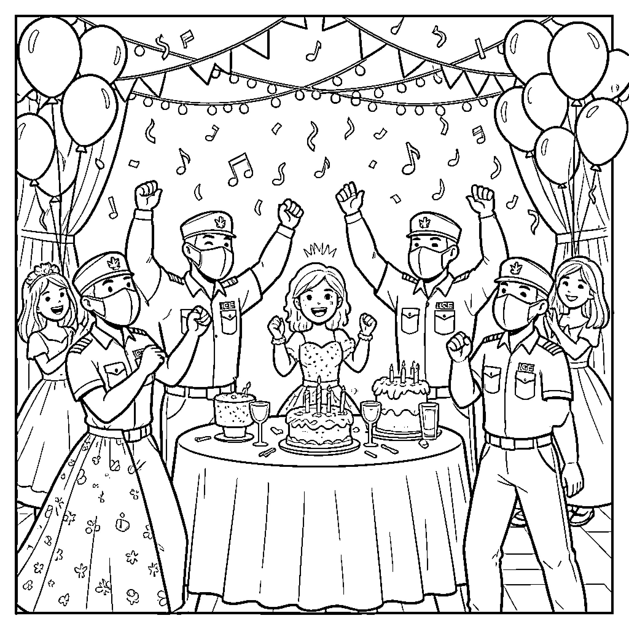 Ice Agent Celebrates at Festive Birthday Party Coloring Page (free black-and-white line drawing printable PDF for all, from beginners to advanced learners, including children, teens, adults, and seniors)