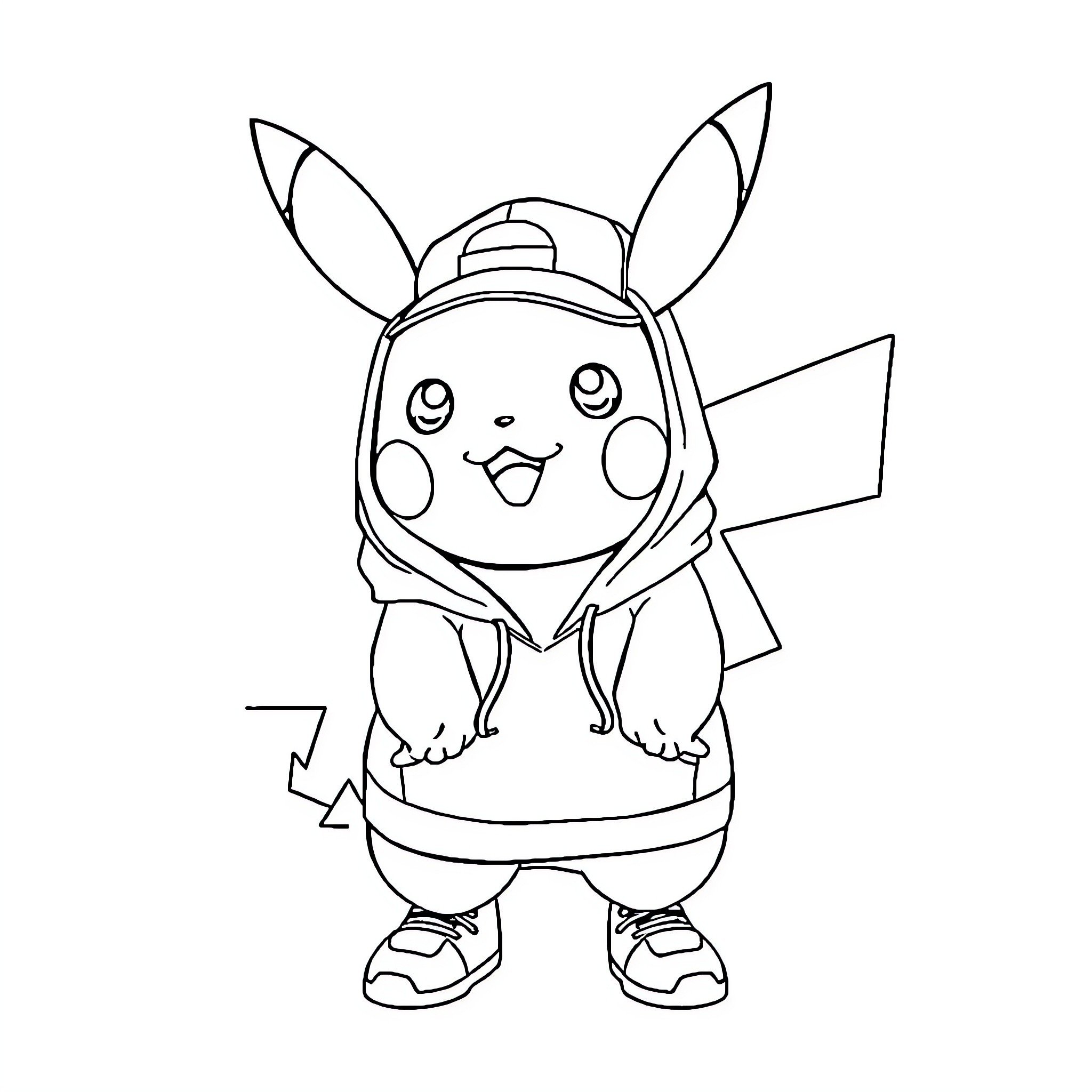 Pikachu Wearing Stylish Outfit Coloring Page (free black-and-white line drawing printable PDF for all, from beginners to advanced learners, including children, teens, adults, and seniors)